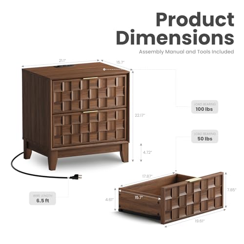 COLAMY Nightstand with Charging Station, 22" Modern Bed Side Table with 2 Storage Drawers and Chessboard Relieffor Bedroom, Dorm and Small Spaces - Walnut