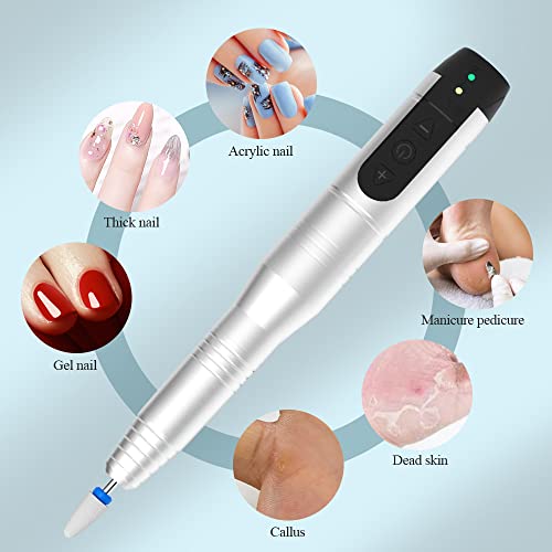 Electric Nail Drill Cordless, TOUCHBeauty Electric Nail File Machine Professional 12 in 1 for Acrylic Gel Nails, Manicure Pedicure Kit for Polishing Rechargeable (Silver)