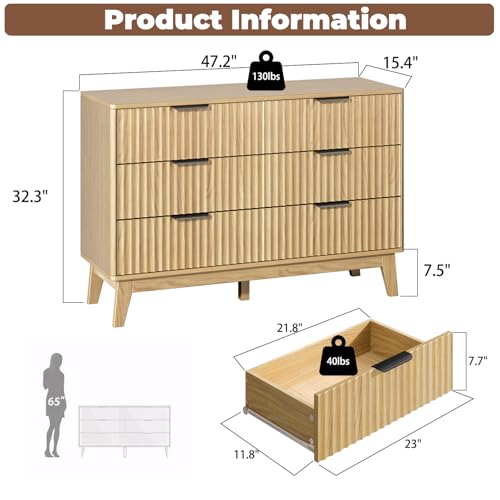Butinsx Modern 6 Drawer Dresser, Natural Oak, Fluted Wave Design, Rounded Corners, Dresser TV Stand, 48" Wide Chest of Drawers for Bedroom and Living Room