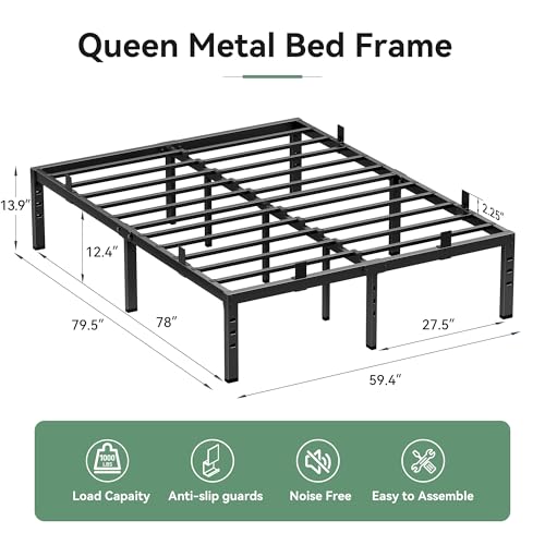 BedsPick 14 Inch Queen Bed Frame, Metal Platform Bed Frame Queen Size, Heavy Duty Sturdy Mattress Foundation, Mattress Anti-Slip, Easy Assembly, Noise Free, No Box Spring Needed, Black