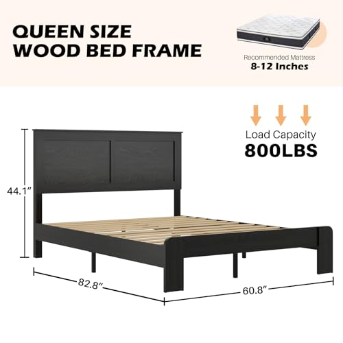 Queen Size high Bed Frame - Wooden Platform with Headboard, with Under Bed Storage, Farmhouse Rustic Bed Frame,No Box Spring Needed, Easy Assembly, Black