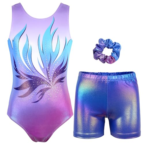 MODAFANS Gymnastics Leotards for Girls with Shorts Ballet Dance Set Activewear Bluish Blossoms,4-5Years