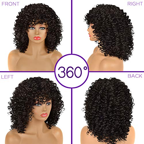 YEAME Curly Wigs for Black Women - Afro Curly Wig with Bangs, Natural Black, Heat Resistant, 15" Full Wig, 150% Density, Glueless, 1 Count