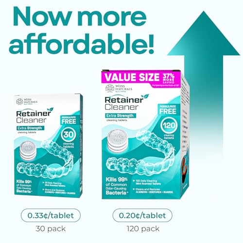 Weiss Naturals Retainer Cleaner Tablets, Invisalign Cleaner, Remove Stains, Odors & Plaque, FSA & HSA Eligible, PERSULFATE FREE Night Guard & Denture Cleaner 4-Month Supply, 120 Mint Scented Tablets