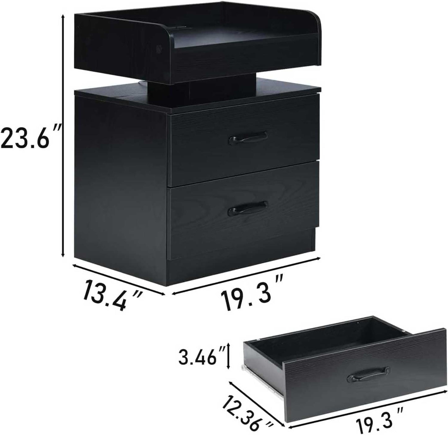 Black Nightstand with Charging Station, Night Stand with LED Lights, Modern Led End Table, Nightstand for Bedroom, Night Stand with 2 Drawers, Bed Side Table with Storage for Living Room