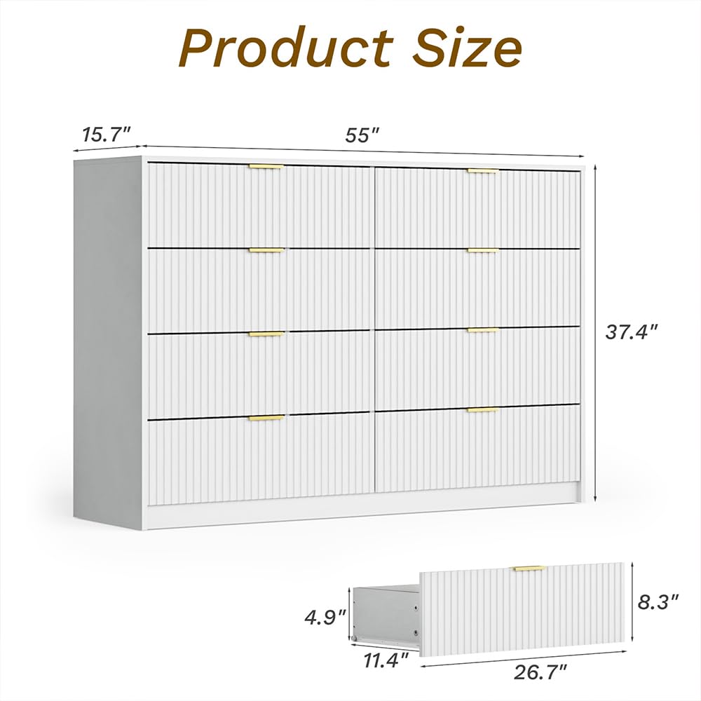 MAISONARIA White Dresser for Bedroom, 8 Drawer Double Dresser, Modern Chest of Drawers for Bedroom, Living Room, Entryway and Closet, 55" L x 15.7" D x 37.4" H