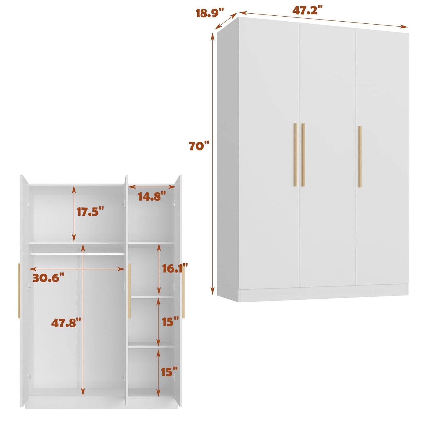 MOUMON Armoire Wardrobe with 3 Doors and Cube Shelves, Armoire Wardrobe Closet with Hanging Rod, Closet for Bedroom White 18.9“D x 47.2”W x 70”H