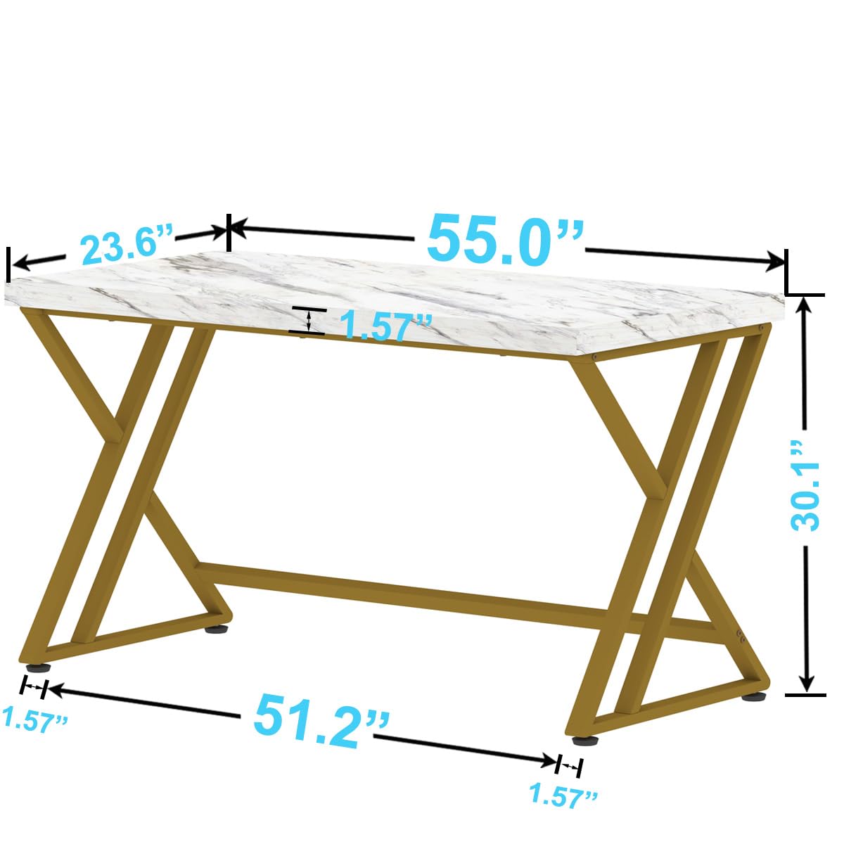 LVB White and Gold Desk, Wood Faux Marble Home Office Computer Desk, Modern Study Executive Table for Gaming Writing, Metal Simple Student Desk for Bedroom, White Marble and Gold, 55 Inch