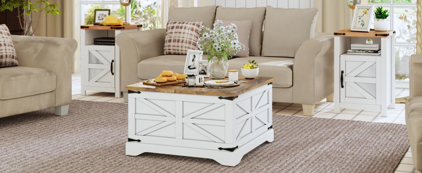 oneinmil 4-Piece Farmhouse Living Room Table Set with 1 Coffee Table, 1 Bookcase & 2 End Tables, Charging Station & USB Ports, Distressed White