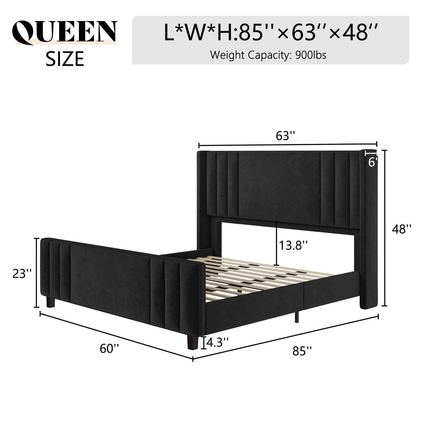 AMERLIFE Queen Size Bed Frame, Velvet Upholstered Platform Bed with Vertical Channel Tufted Headboard & Footboard/Wingback, Mattress Foundation with Wood Slats, No Box Spring Needed, Black