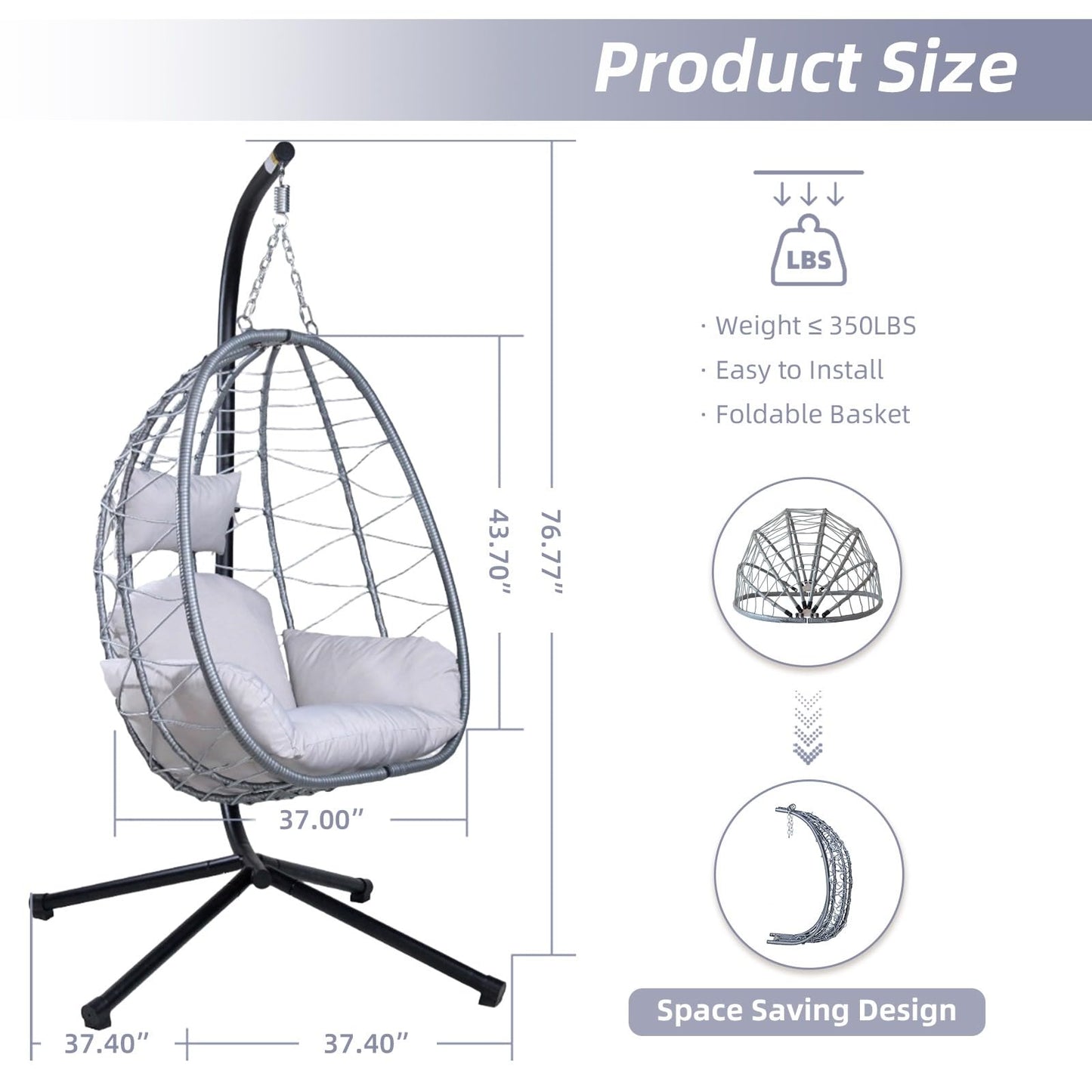 Egg Chair with Stand, Patio Wicker Hanging Swing Egg Chair Thickened, Galvanized Pipe Steel Frame and UV Resistant Cushion for Bedroom Garden Indoor Outdoor, 350LBS Capacity (Silver Gray)