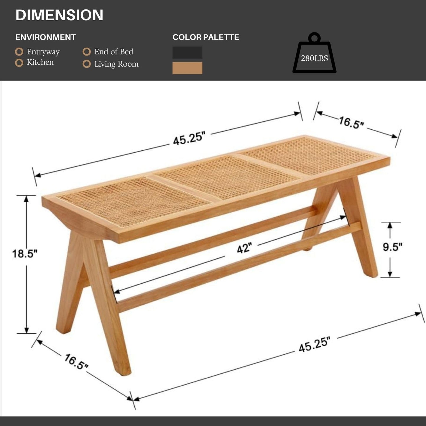 COMULER 45” Natural Rattan Entryway Bench Wicker Wood and Cane End of Bed Bench Farmhouse Wooden Dining Bench with Footrest for Kitchen Cane Bench Seat for Bedroom Hallway Foyer Living Room