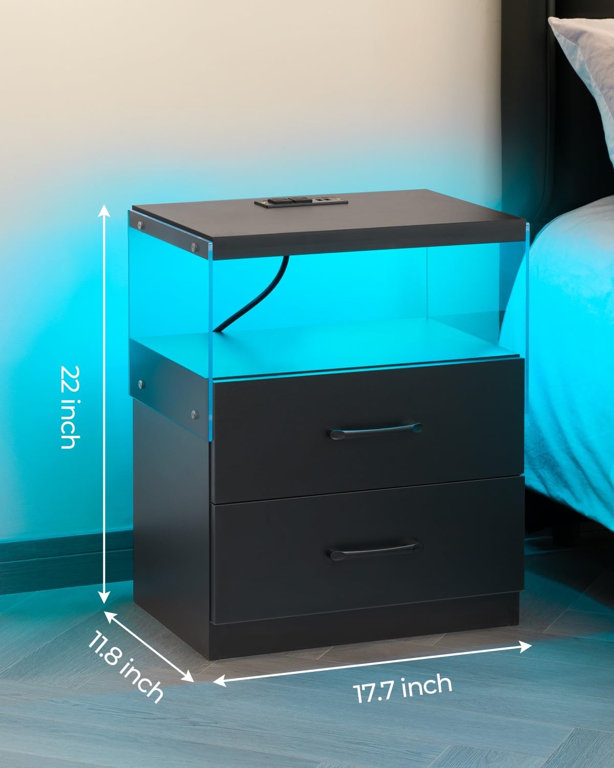 i-aplus Black Night Stand Set of 2,LED Nightstand with Charging Station,Bedside Table with 2 Drawers,Modern Bed Side Tables Bedroom