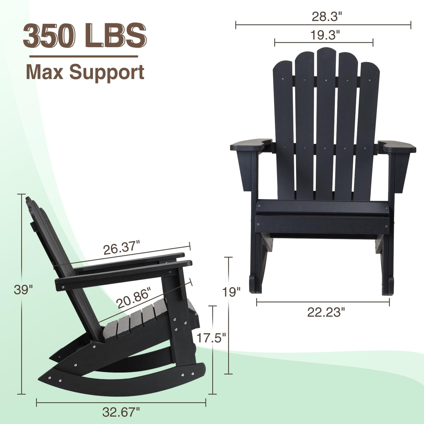 Psilvam Outdoor Adirondack Rocking Chair, Poly Lumber Porch Rocker with High Back, Patio Rocking Chair for Both Outdoor and Indoor (Black)