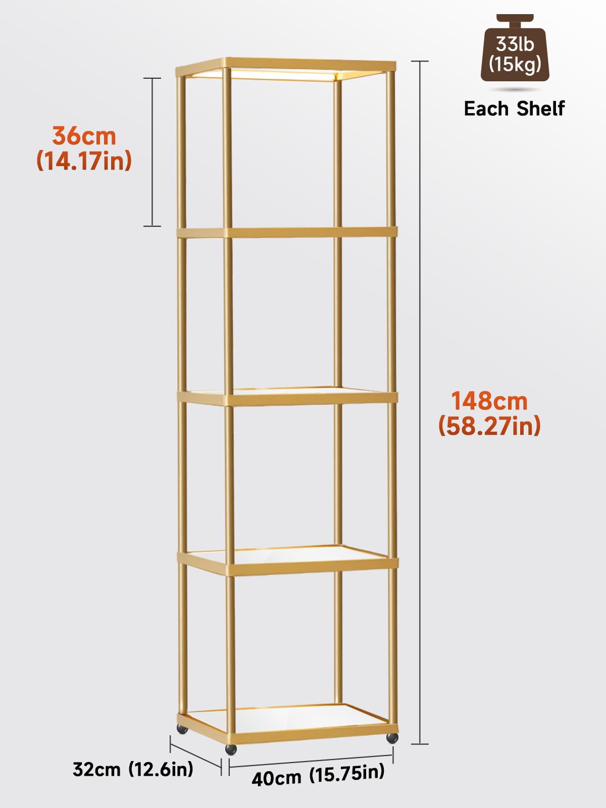 MANBUR Display Shelf with Dimmable LED Floor Lamp, Display Cabinet with Glass Bookcase, Home Decor, Bedroom Decor, Bookshelf with Light, Open Book Shelf with 5-Tier Shelf for Living Room Decor Gold