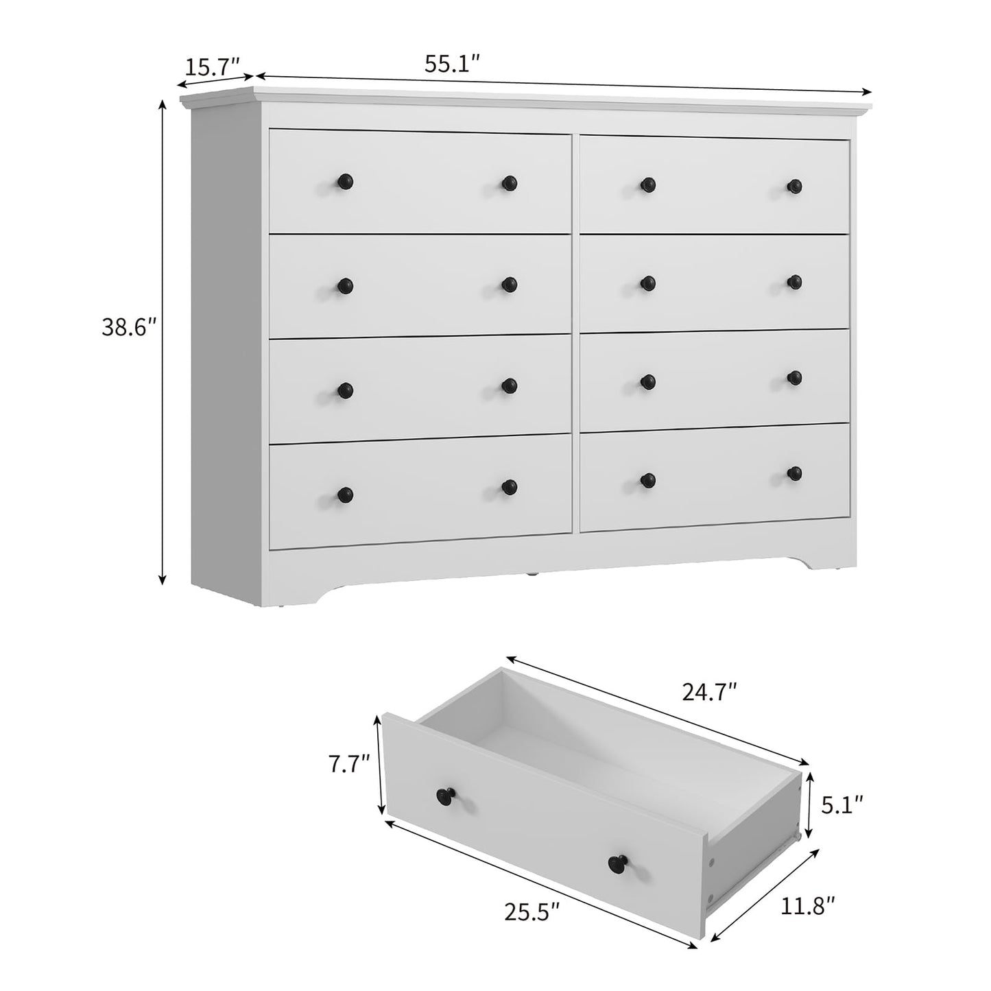 LYNSOM Modern 8 Drawer Dresser, 55.1" Wide Dressers & Chests of Drawers with Large Capacity Storage, Mid Century White Dresser for Bedroom, Hallway, White