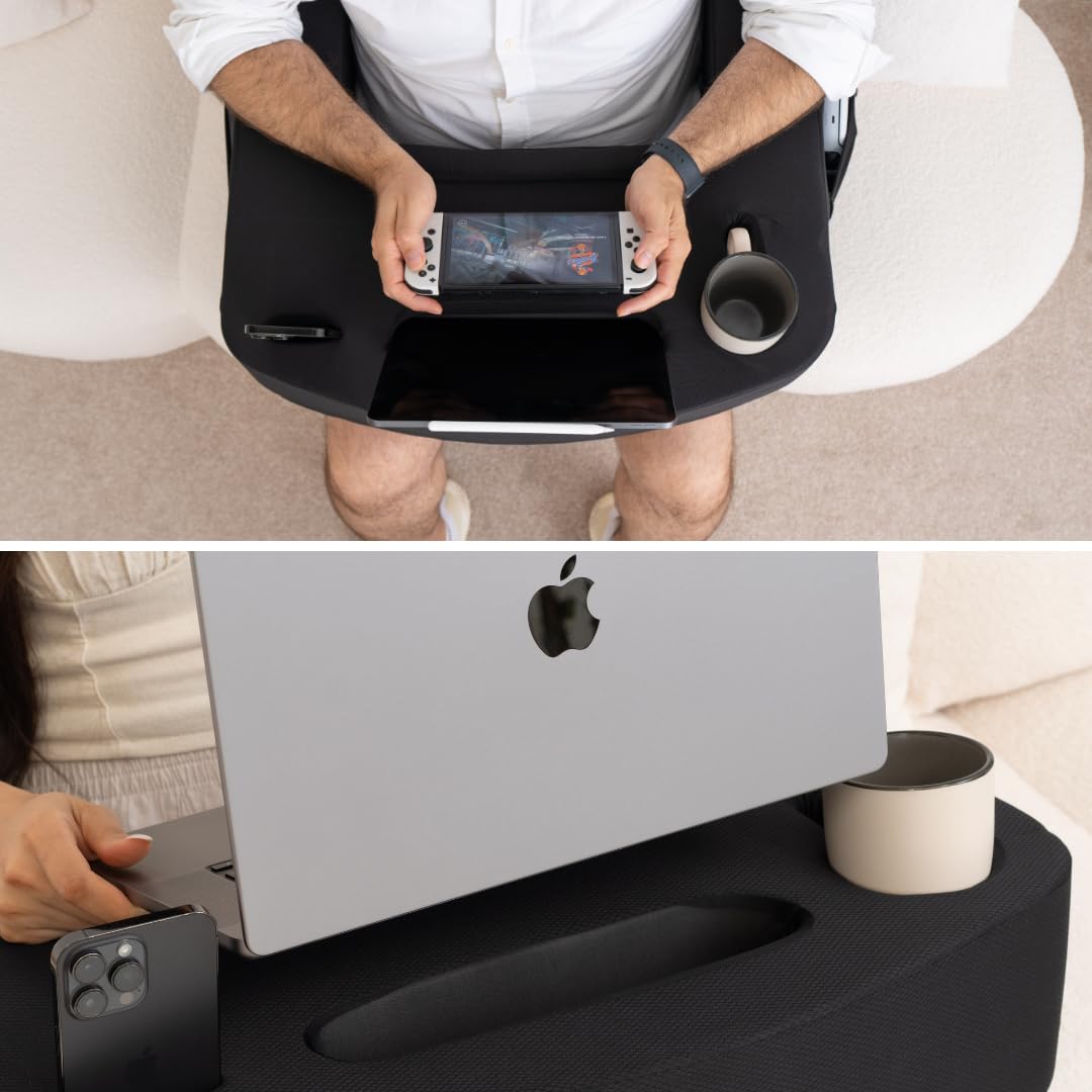 TabCouchCaddy Reading Pillow for Gaming β Extra Large Lap Desk & Arm Rest with Cup & Phone Holder, Adjustable Heights, Laptop Support, Large Pockets β Comfortable for Work, Gaming & Crocheting (Black)