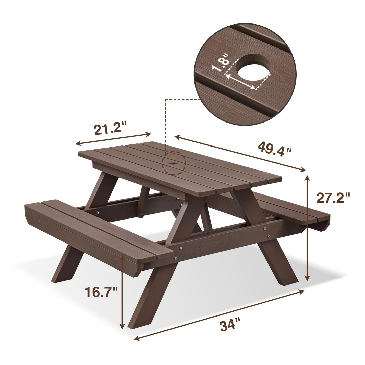 Psilvam Picnic Table - Heavy Duty Poly Lumber with Umbrella Hole & Integrated Benches, 100% Waterproof All-Weather for Patio, Garden (Brown)