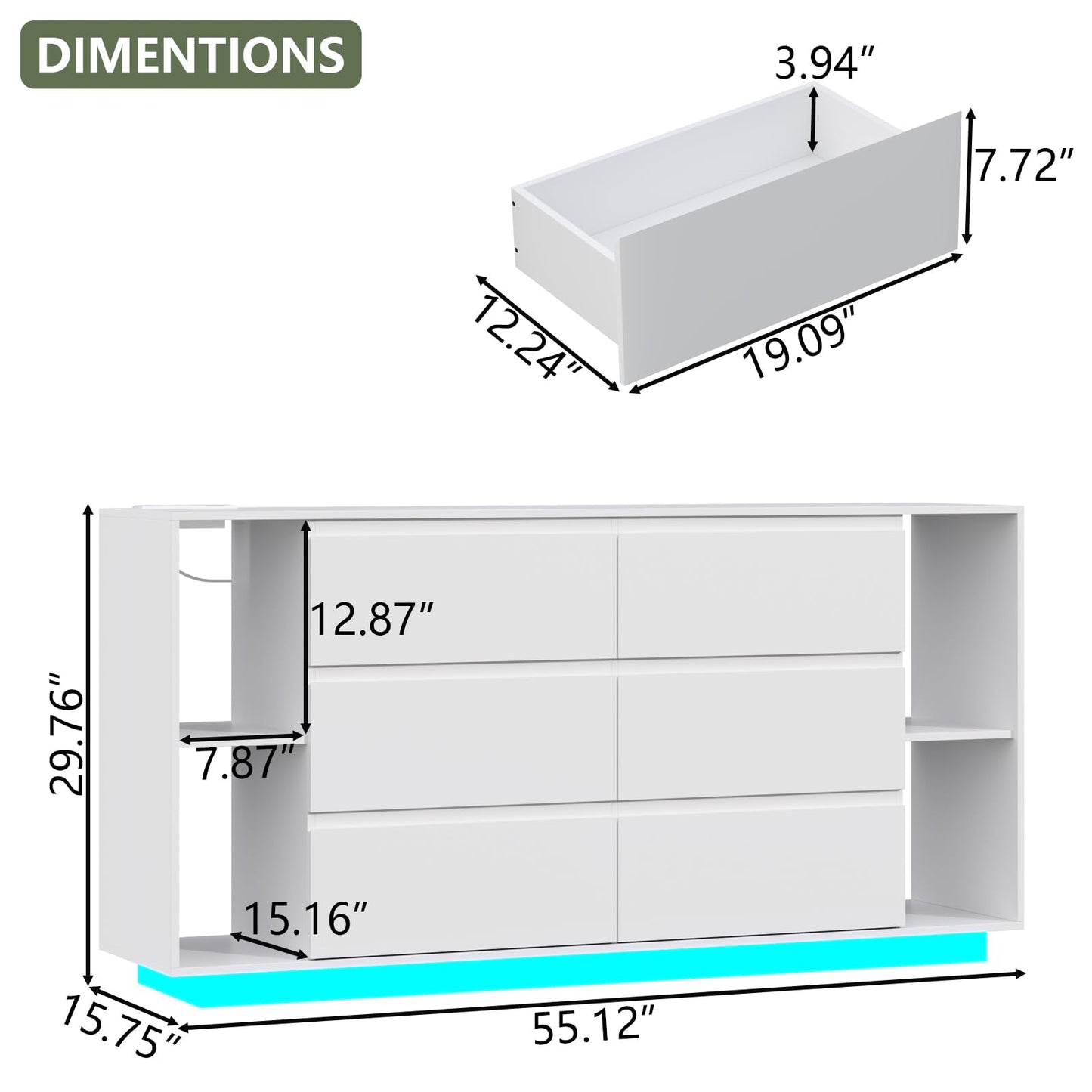 Gyfimioe 6 Drawer Dresser with Power Outlet, Floating White Dresser Chest of Drawer with LED Light,Modern Double Wide Drawer Organizer Cabinet for Bedroom,Living Room (6 Drawer-White)