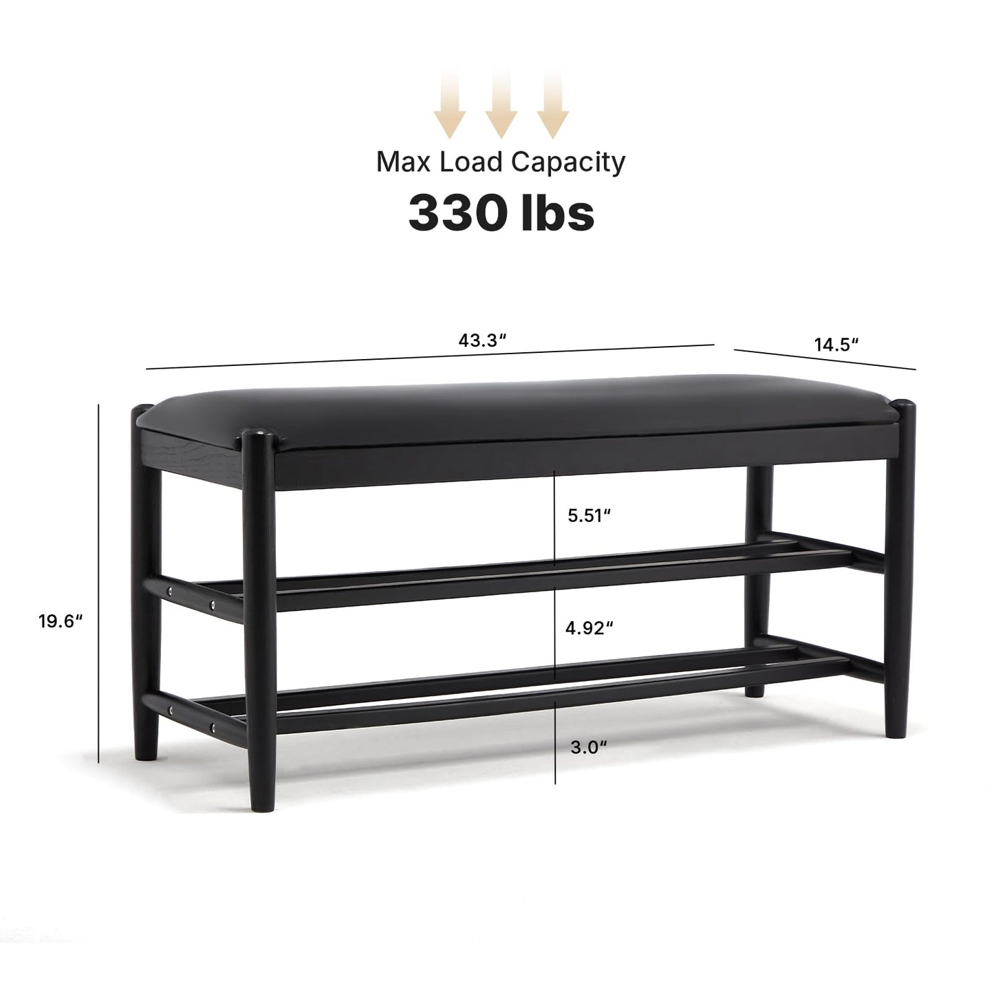 CREATISAN Shoe Bench, Solid Oak Wood Entryway Bench with Storage, 3-Tier Shoe Storage Bench with PU Leather Seat, Mid Century Shoe Rack Benches for Hallway, Bedroom, Living Room, 43.3" Black