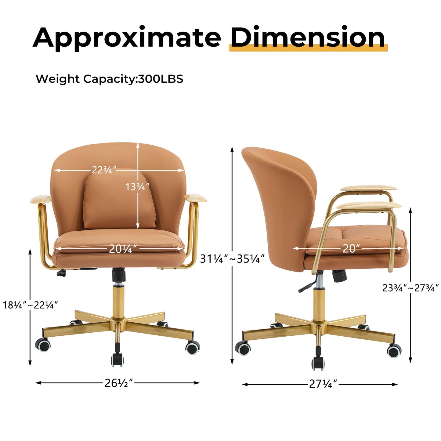 Furniliving Leather Home Office Desk Chairs,Comfy Office Chair, Adjustable Swivel Vanity Chair with Golden Legs and Wooden Padded Armrest, Modern Upholstered Task Chair with Wheels,Brown