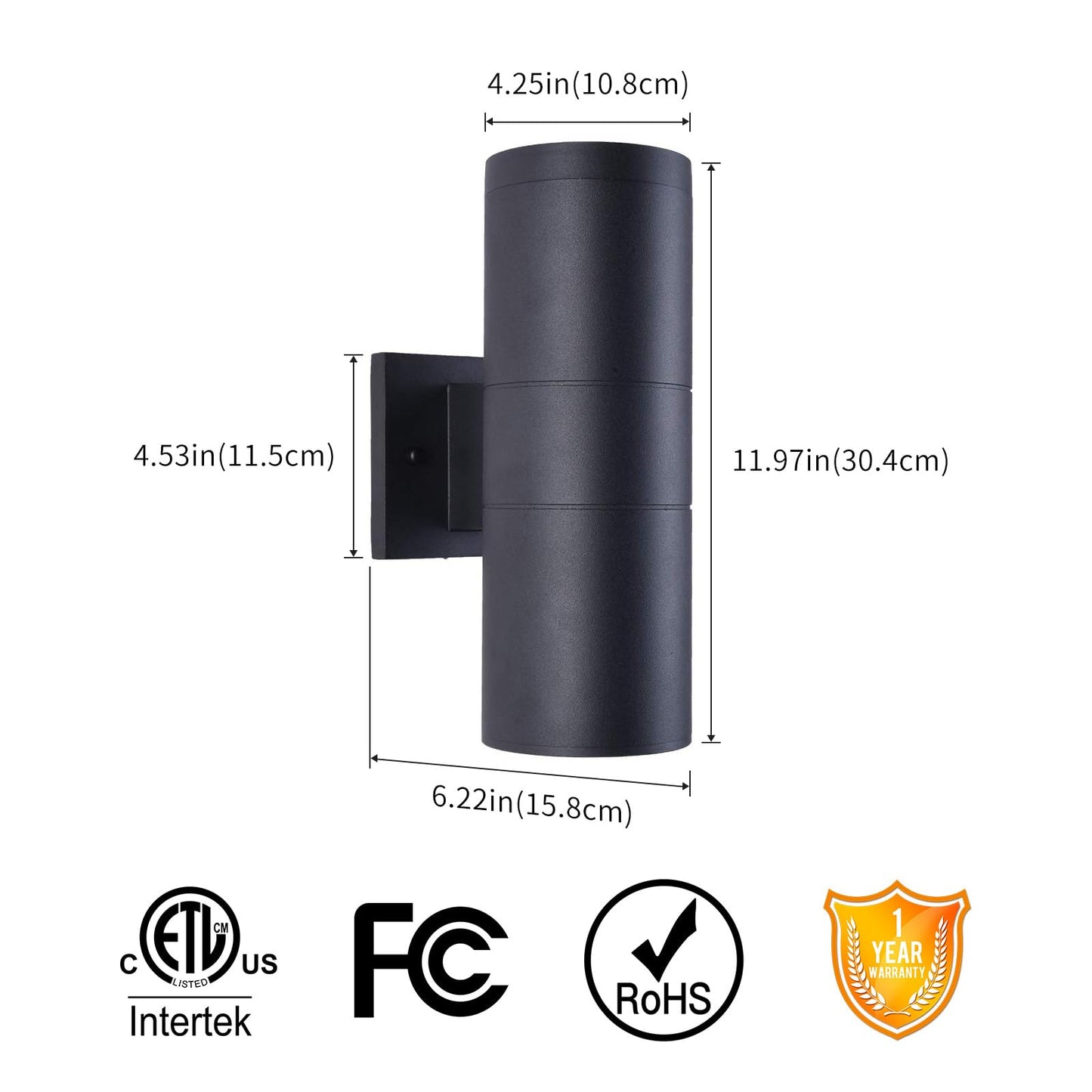 mirrea Modern Outdoor Porch Light Patio Light in 2 Lights with Matte Black Aluminum Cylinder and Tempered Glass Cover Waterproof Wall Sconce 6 Pack