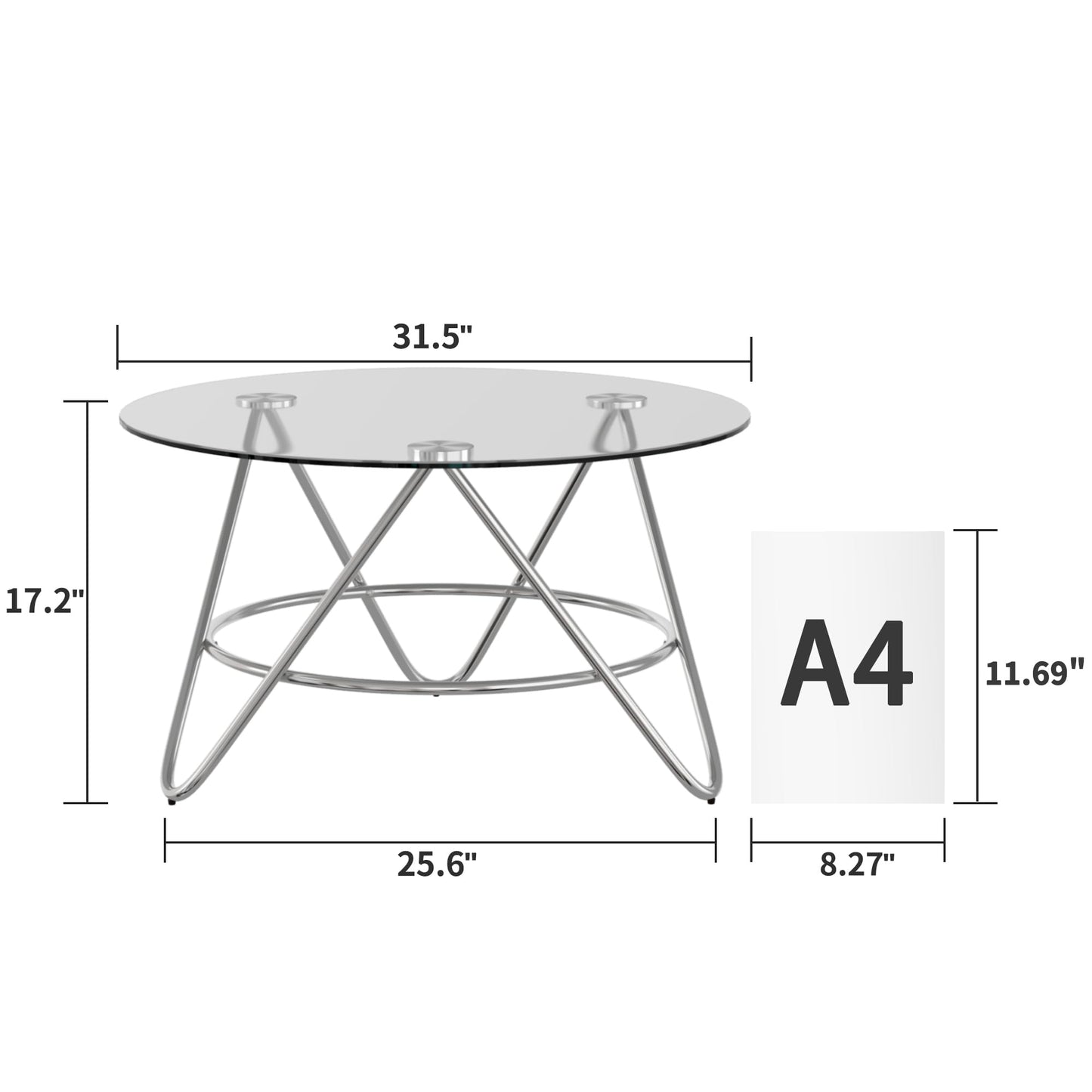 OIOG Glass Coffee Table, Round Coffee Table Living Room, Modern Coffee Table with Tempered Glass Tabletop and Chrome Frame, Silver