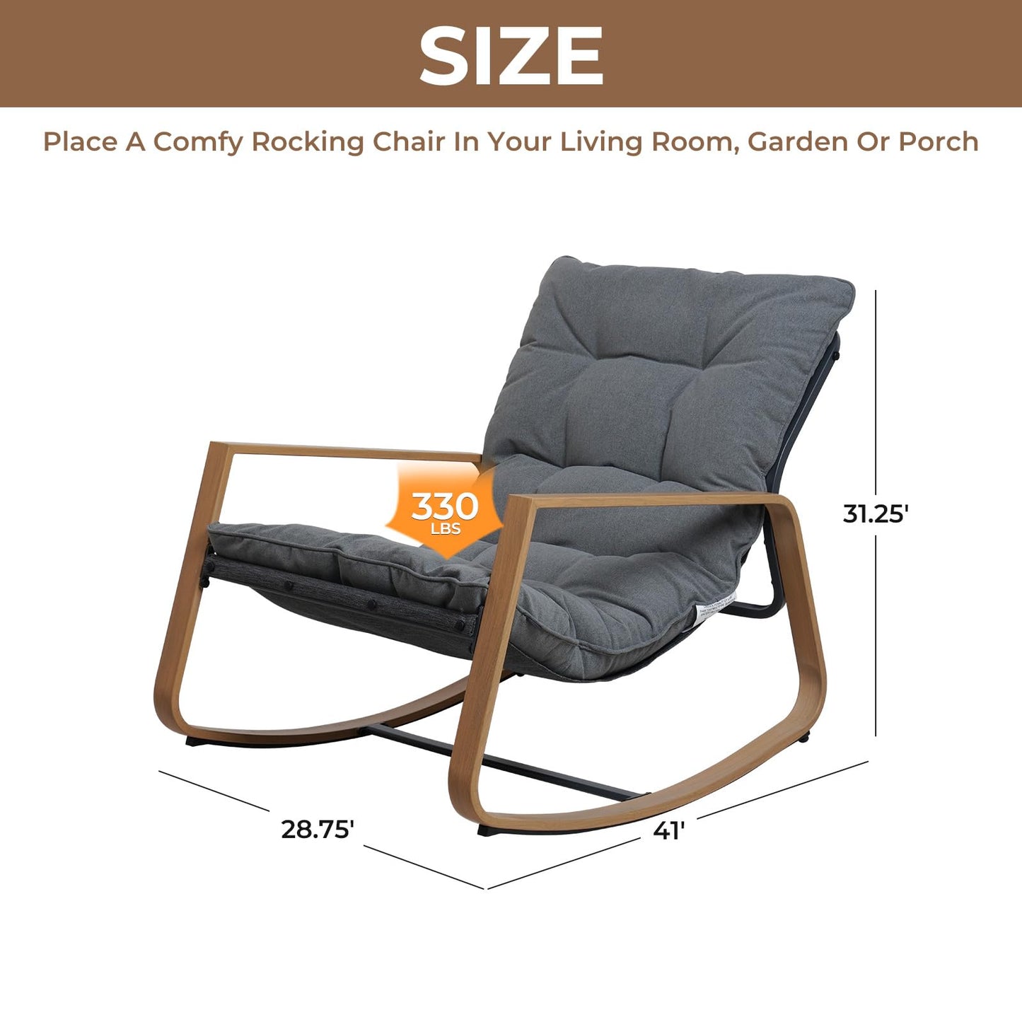 Grand patio Outdoor Rocking Chair, Modern Patio Rocking Chair, 30° Smooth Gliding Motion,Comfortable Padded Seat-Easy Assembly, Living Room, Balcony, Porch, Patio, Garden, Lawn -Dark Grey