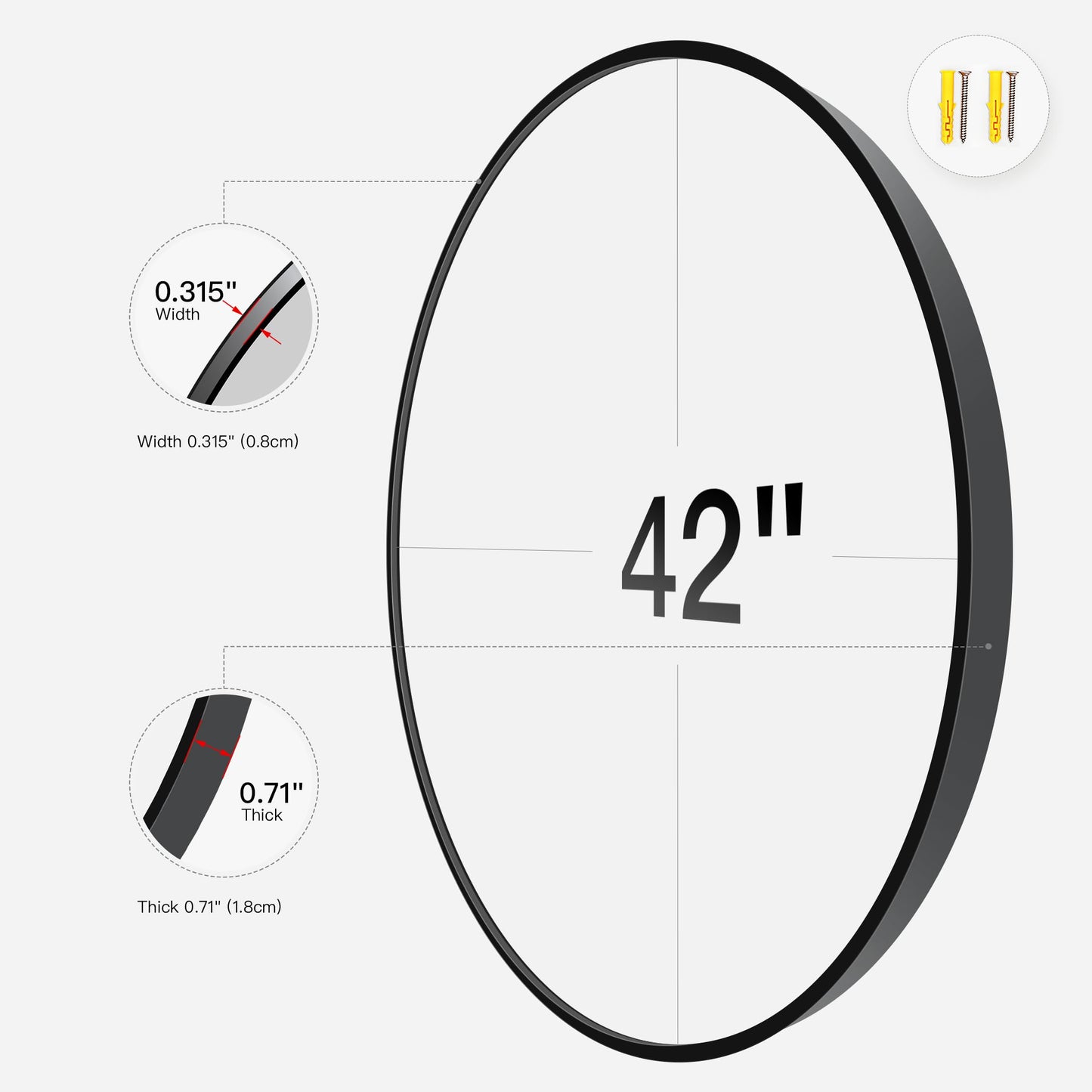 Koonmi 42" Black Circle Mirror Wall Mounted Round Mirror with Metal Frame for Bathroom/Living Room/Vanity/Bedroom