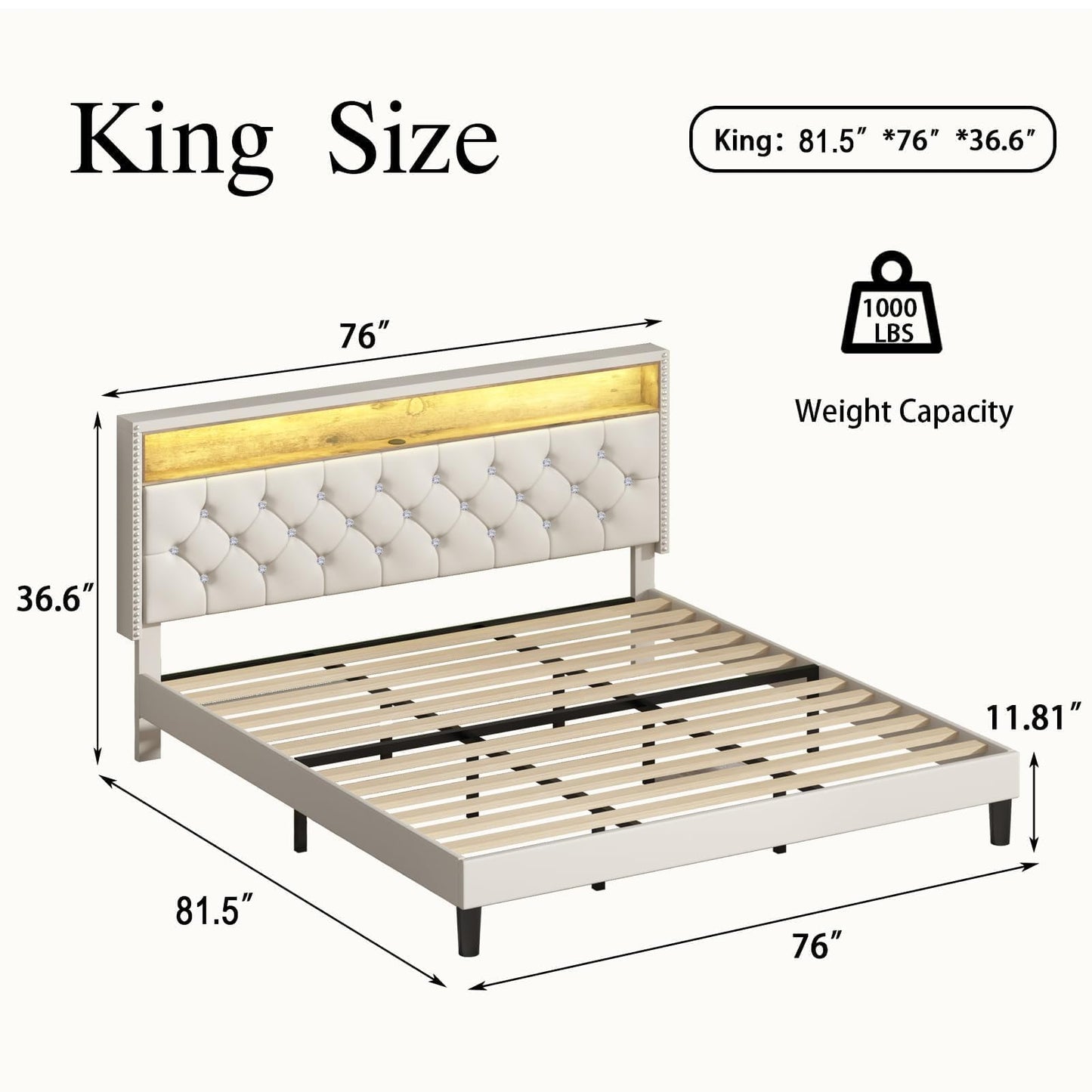 King Bed Frame with LED Lights, Velvet Upholstered Platform Bed with Storage Headboard and Charging Station, King Bed Frame with Diamond Design, Wood Slats Support, No Box Spring Needed, Beige