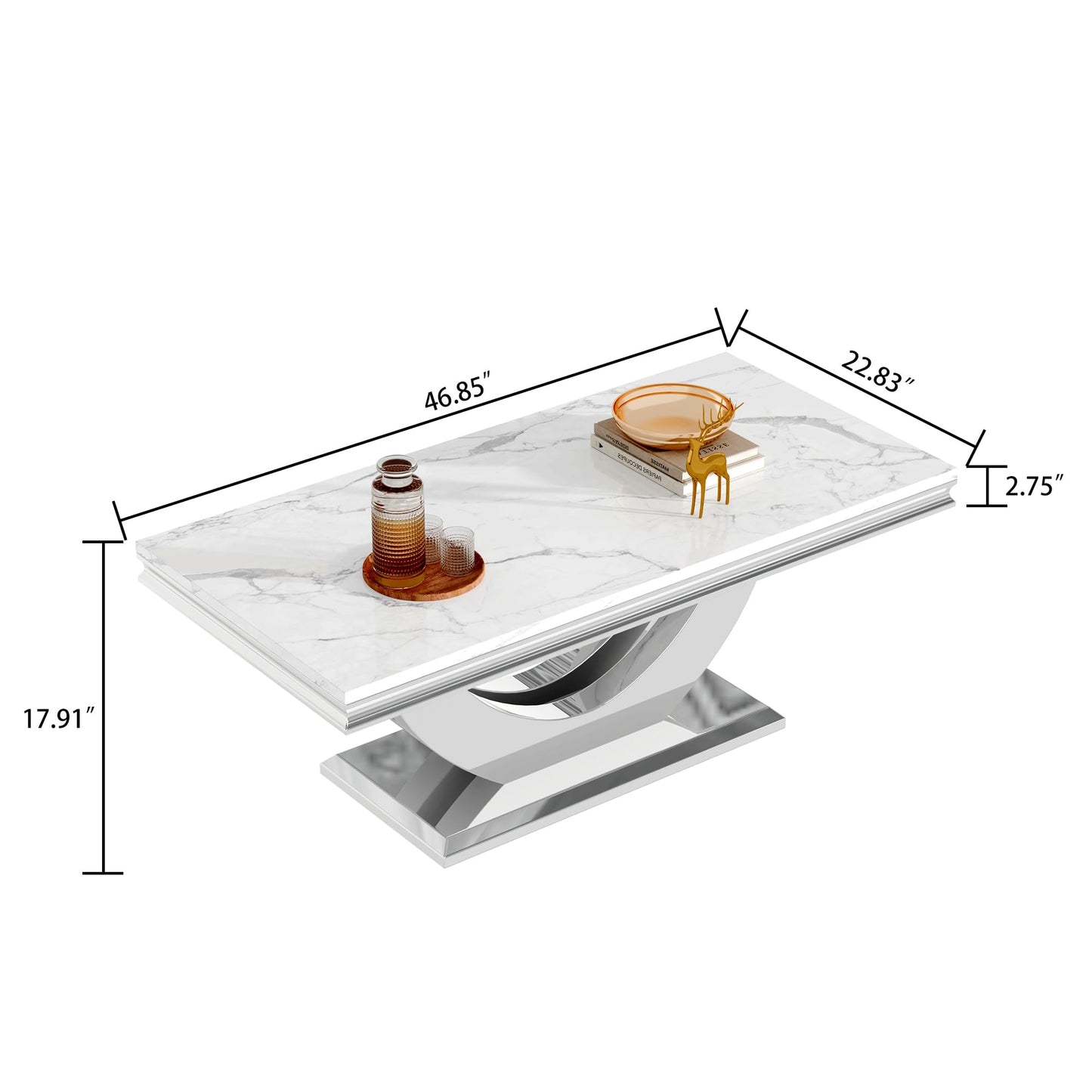 Modern Marble Coffee Table with Stainless Steel Pedestal, 47" Luxury Silver Coffee Table for Living Room, Unique Faux Marble Cocktail Table Rectangle Funky Coffee Center Tables for Living Room