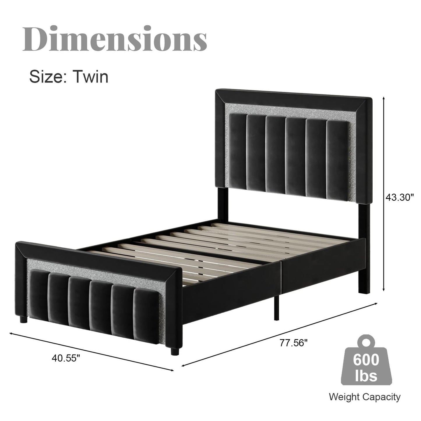 HOMBCK Twin Bed Frame with Headboard and Footboard, Upholstered Bed with Diamond Velvet Design, Kids Bed Frame with Wooden Slats Support, No Box Spring Needed, Easy Assembly, Black
