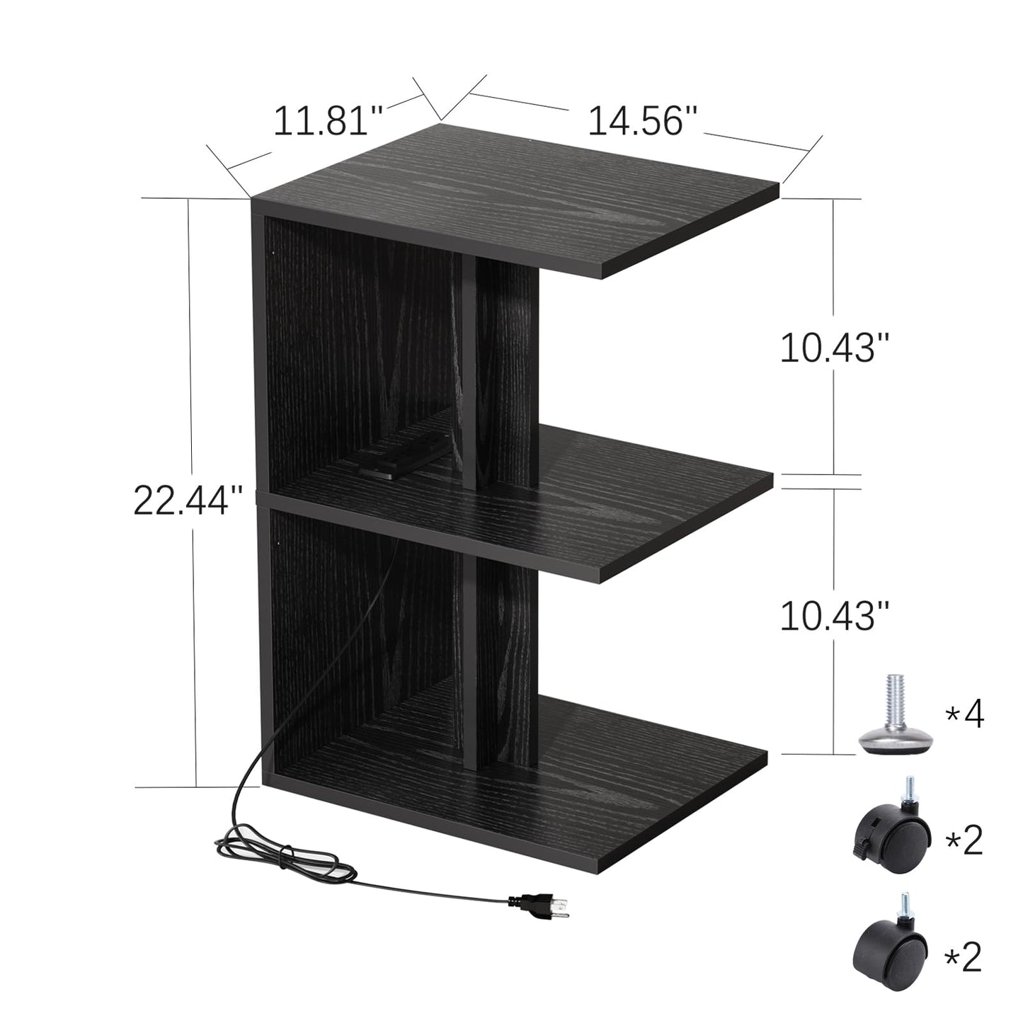 LOHDLE Set of 2 Side Table with Charging Station, 3 Tier Narrow Nightstand, End Table with USB Ports and Outlets for Small Spaces, Sofa Bedside Tables with Wheels for Living Room Bedroom(Black)