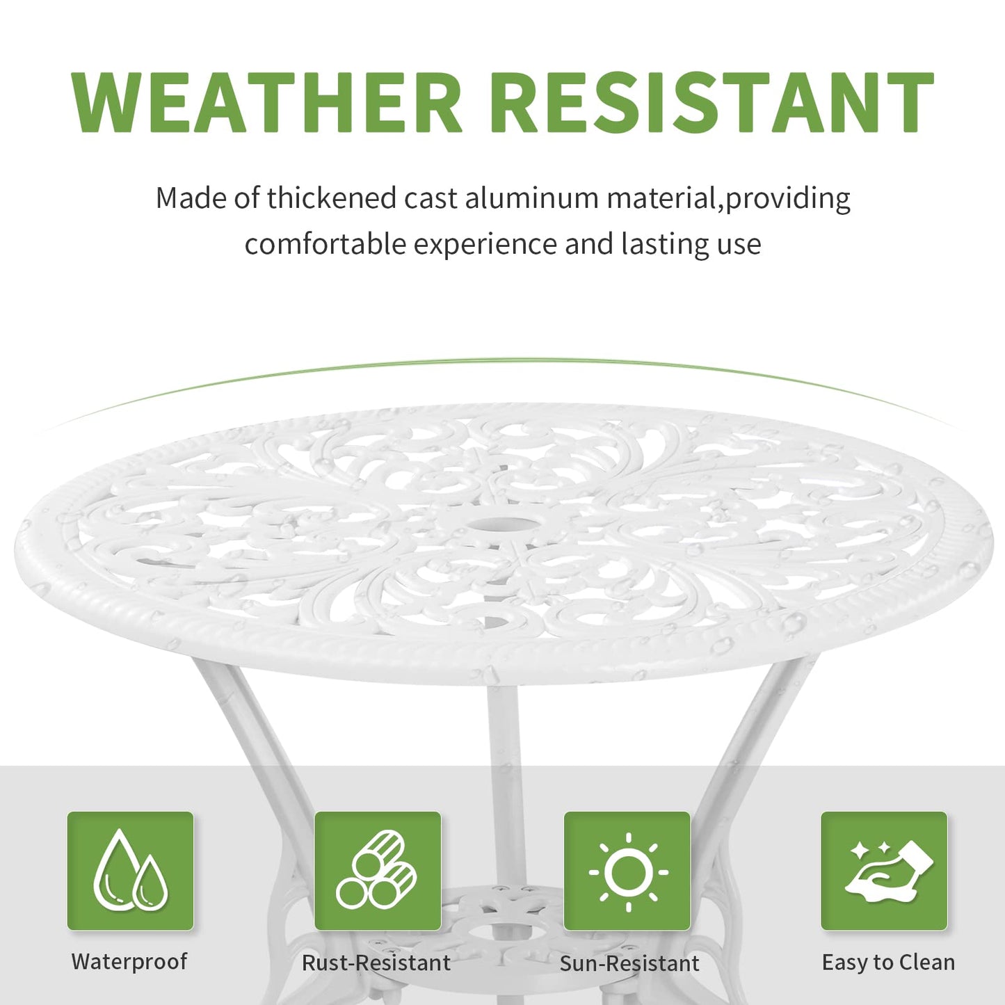 Withniture 3 Piece Patio Set Outdoor Cast Aluminum Patio Bistro Table and Chairs Set of 2,All Weather Outdoor Bistro Sets with 1.97" Umbrella Hole for Front Porch Set,Garden(White)