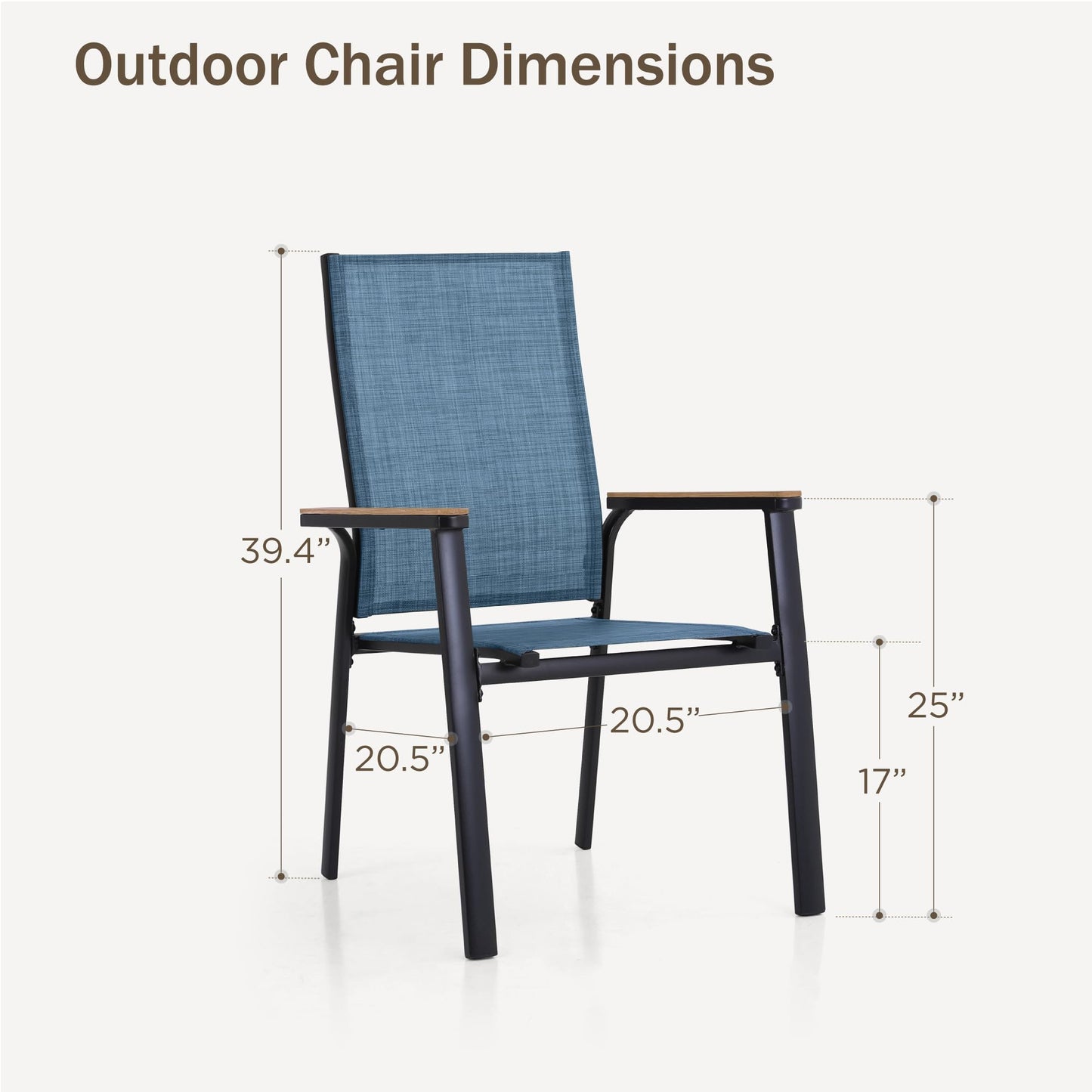 PHI VILLA Outdoor Stackable Chairs, Patio Chairs Set of 2, Light Weight Aluminum Frame with Textilene Fabric & Wood Armrest, High Back Deck Chairs for Poolside Lawn Garden, Blue