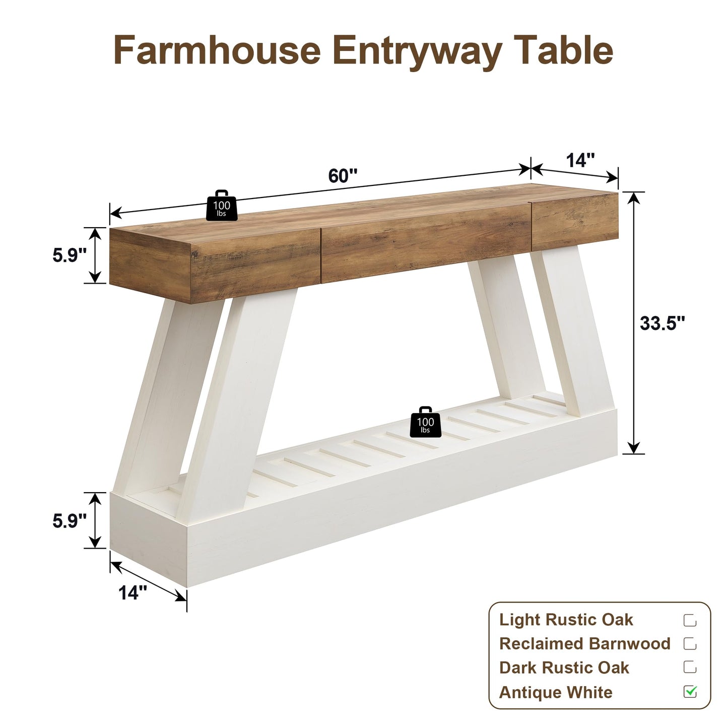 OKD 60" Farmhouse Entryway Table with Drawer, Console Table Behind Sofa, Narrow Long Entryway for Hallway, Living Room, Hallway, Behind Couch(Antique White)
