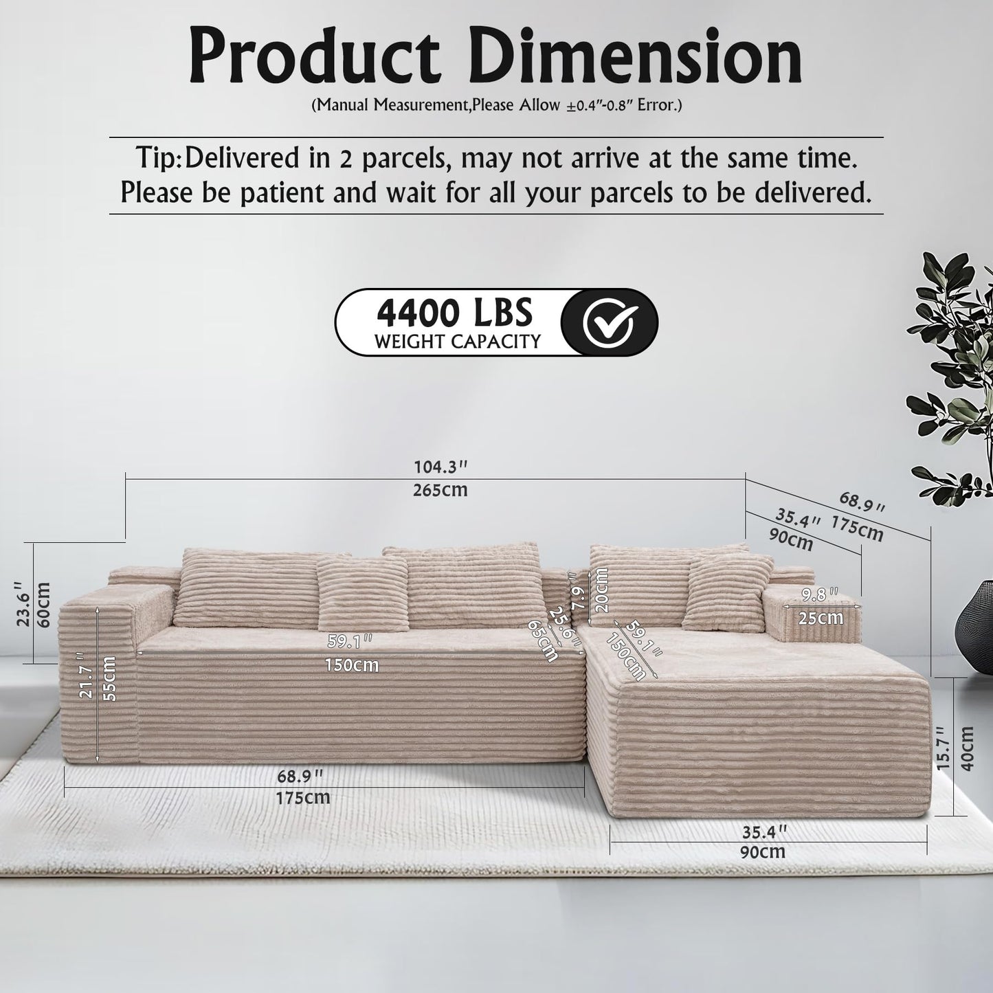 Sectional Couches for Living Room-Corduroy Couch Beige,104" Cloud Sectional Couch with L-Shape Chaise, Modern Modular Sofa, Deep Seat Comfort, No Assembly Required(Plush Corduroy Fabric)
