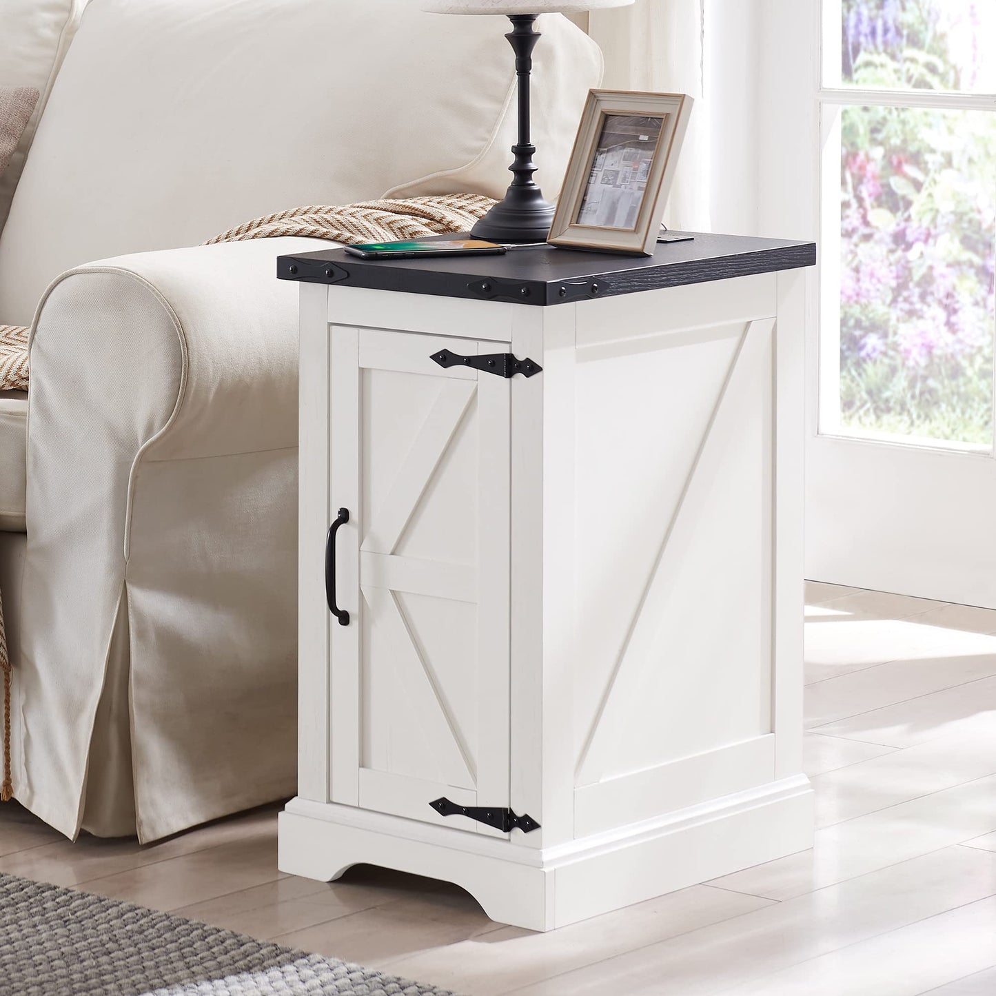JXQTLINGMU Farmhouse Nightstand Set of 2 with Charging Station, 17" D Rectangular End Table with Barn Door & Adjustable Storage Shelf, Wood Rustic Sofa Side Table for Living Room, Bedroom, White