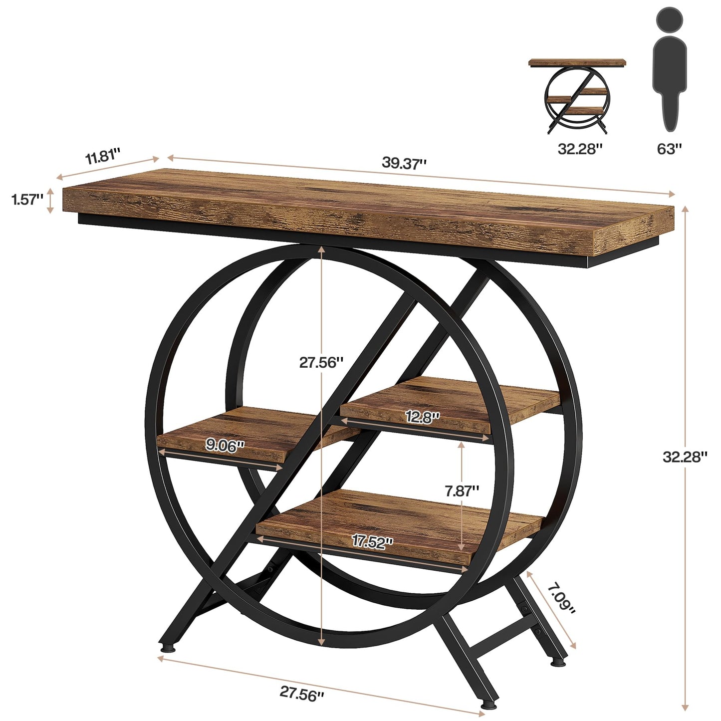 Tribesigns Console Table, 40-Inch Entryway Table with Storage Shelves, 4-Tier Industrial Hallway Sofa Table with Geometric Metal Frame, Accent Table for Living Room, Entryway, Rustic Brown