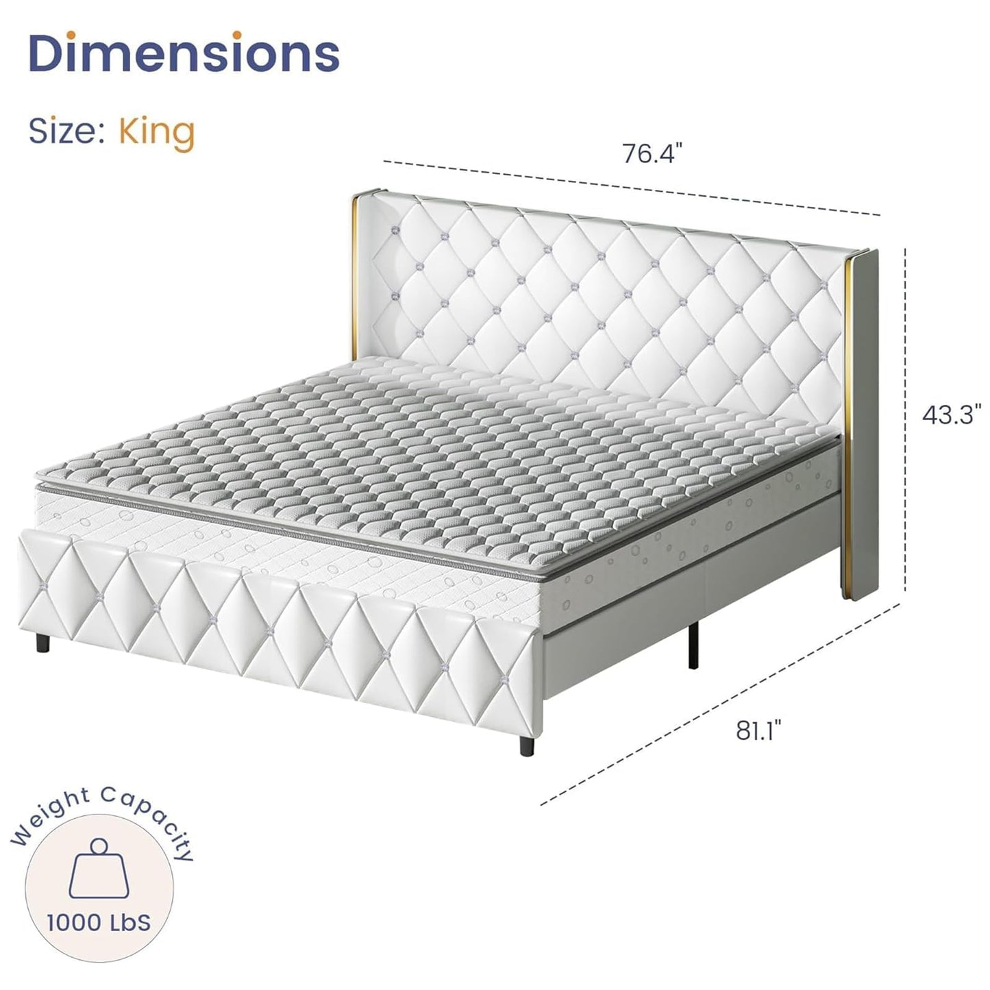 King Bed Frame with Headboard and Footboard, Velvet Upholstered Bed Frame with Diamond Tufted Design, King Size Bed with Wooden Slats Support, No Box Spring Required, Easy Assembly, Black