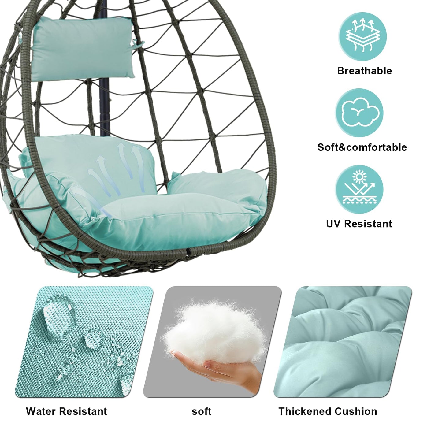 Hanging Egg Chair with Stand Egg Chair Indoor Outdoor, Patio Swing Hammock Egg Chairs, UV Resistant Removable & Washable Thicken Padded Cushions, 350LBS Capacity for Bedroom, Balcony, Garden, Blue