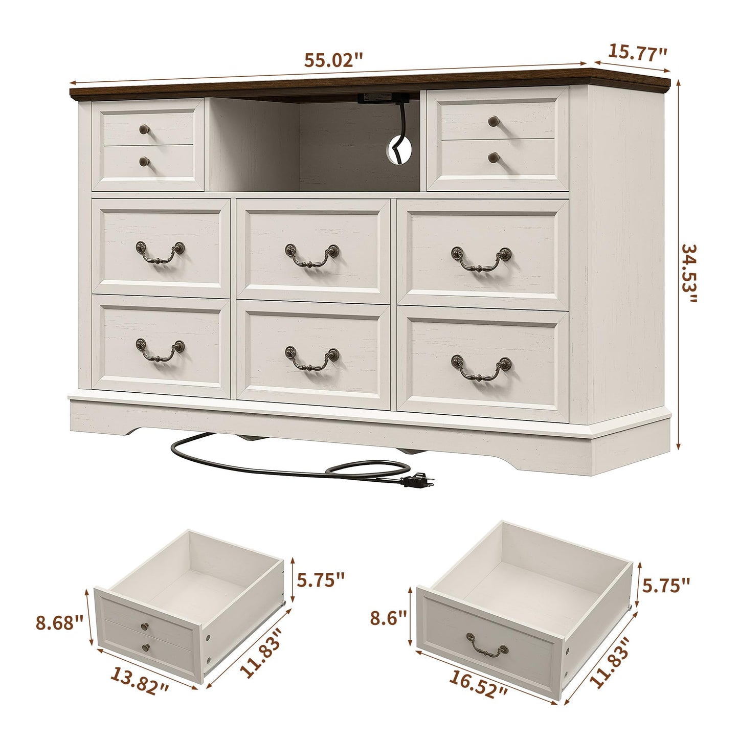 Homkdom White Dresser for Bedroom with Charging Station & Led Lights,55.02" TV Stand with 8 Drawers,Dressers & Chests of Drawers with Open Shelves,Hallway,Closet 55.02" W x 34.53" H x 15.77" D White