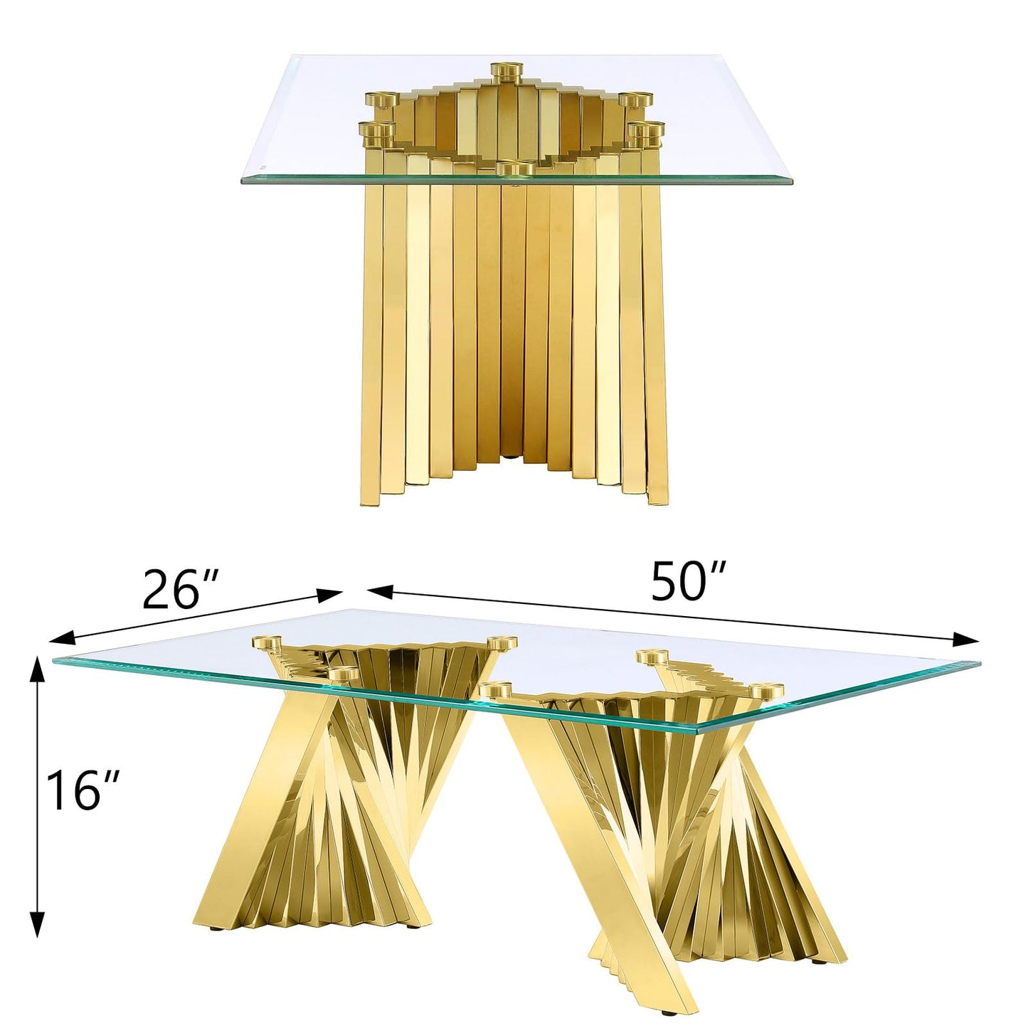 Anewsun Gold Coffee Table, 50" Rectangle Tempered Glass Living Room Coffee Table with Gorgeous Polished Stainless Steel Base