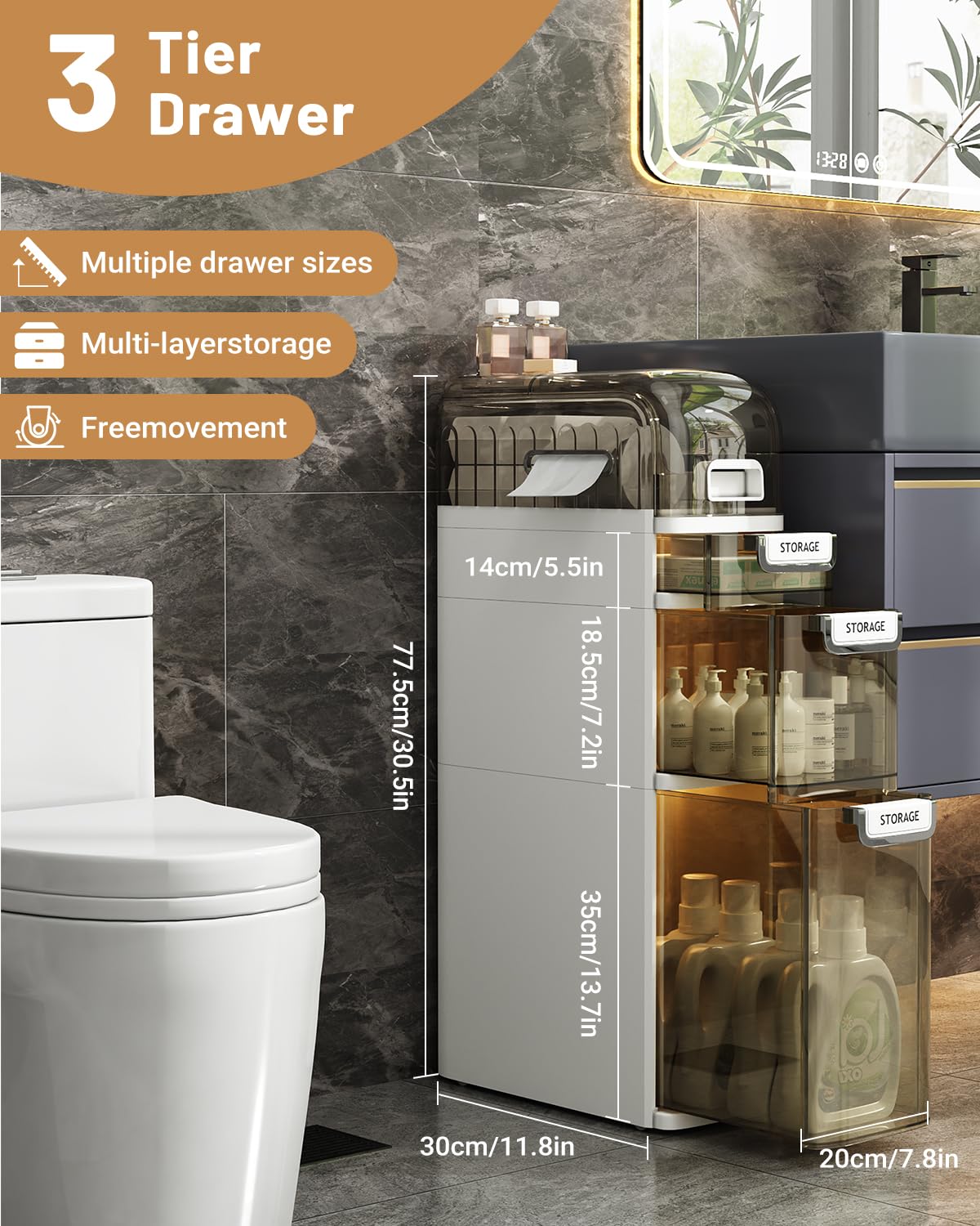 Seeday 3 Tier Slim Bathroom Storage Cabinet, Narrow Organizer with Wheels and Toilet Paper Holder, Waterproof, No Assembly Required, Perfect for Small Spaces in Bathroom, Kitchen and Bedroom
