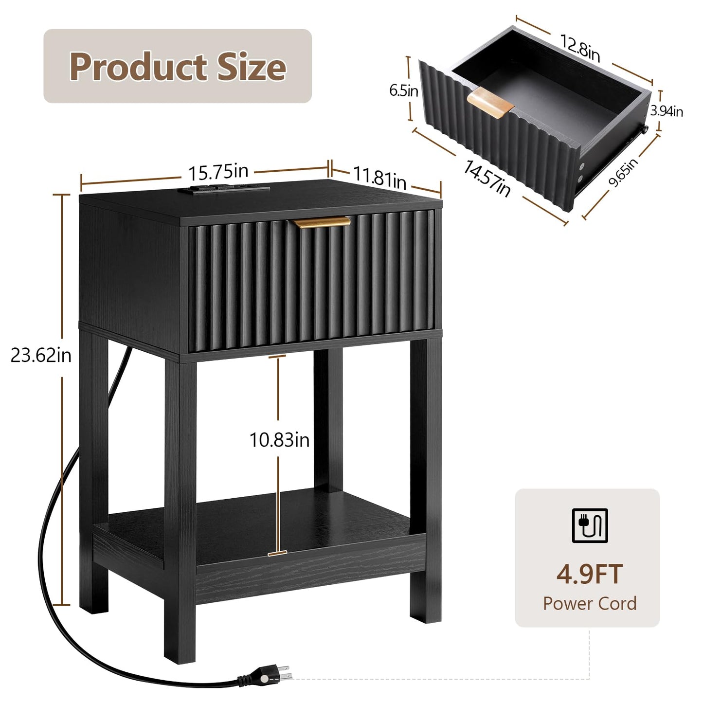 Nasonet Night Stand Set 2, Fluted Nightstand with Charging Station, Wood Bedside Table with Drawer & Storage Shelf, Modern End Tables for Bedroom Sofa Couch Office, Black