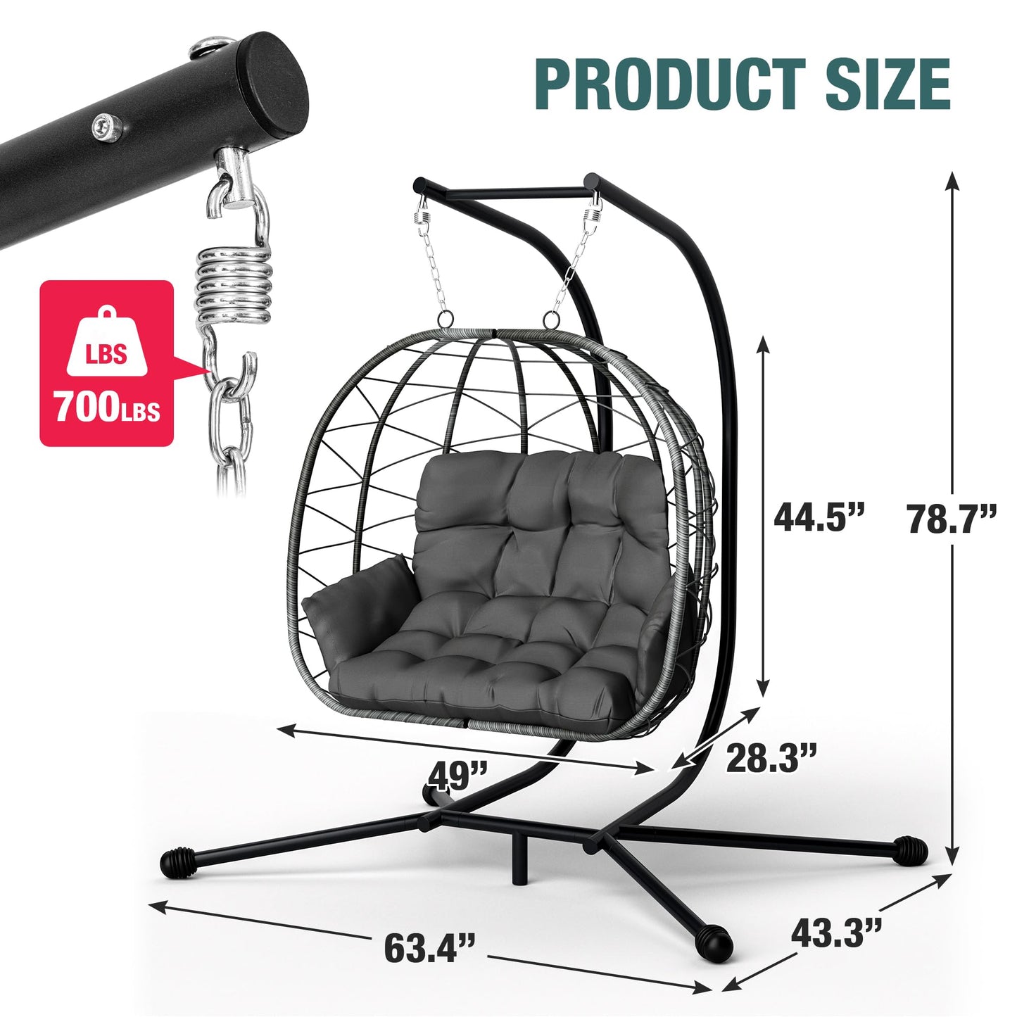 Pamapic Double Egg Chair wth Stand, 700 LBS Loveseat Rattan Swing Chair, UV Resistant Cushions with Armrests and Headrest, Thick Steel Frame Hammock Swing for Outdoor, Patio, Indoor(Grey)