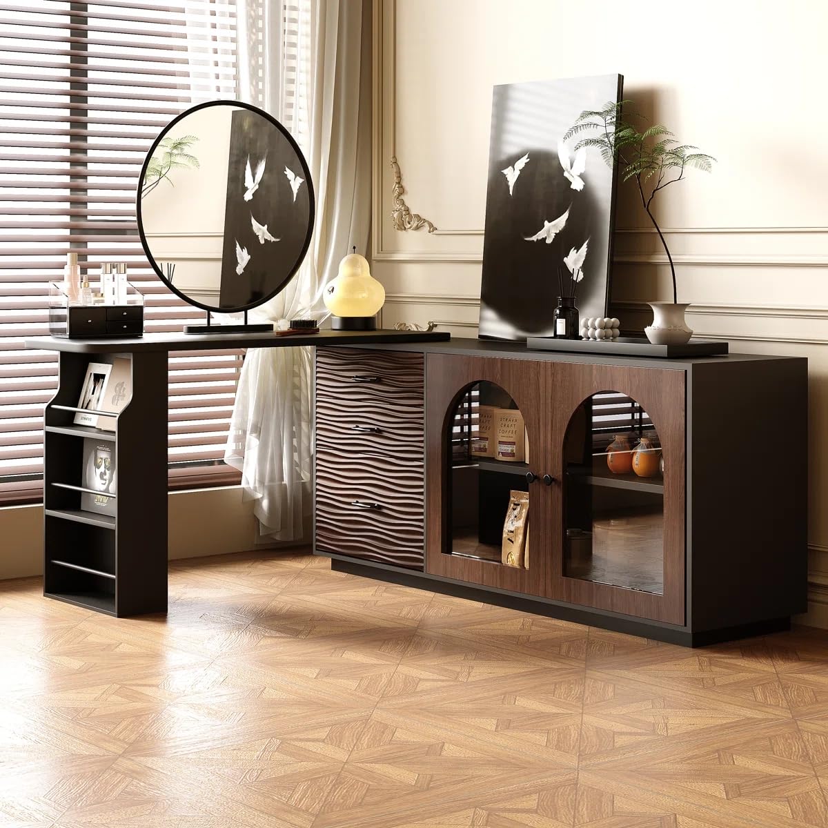 Trroec Adjustable L-Shaped Corner Table with 3 Drawers and 2 Glass Cabinet Doors Length 65.75"-94.48" Expandable Wooden Vanity and Desk Combo Side Storage for Bedroom Dressing Room Study