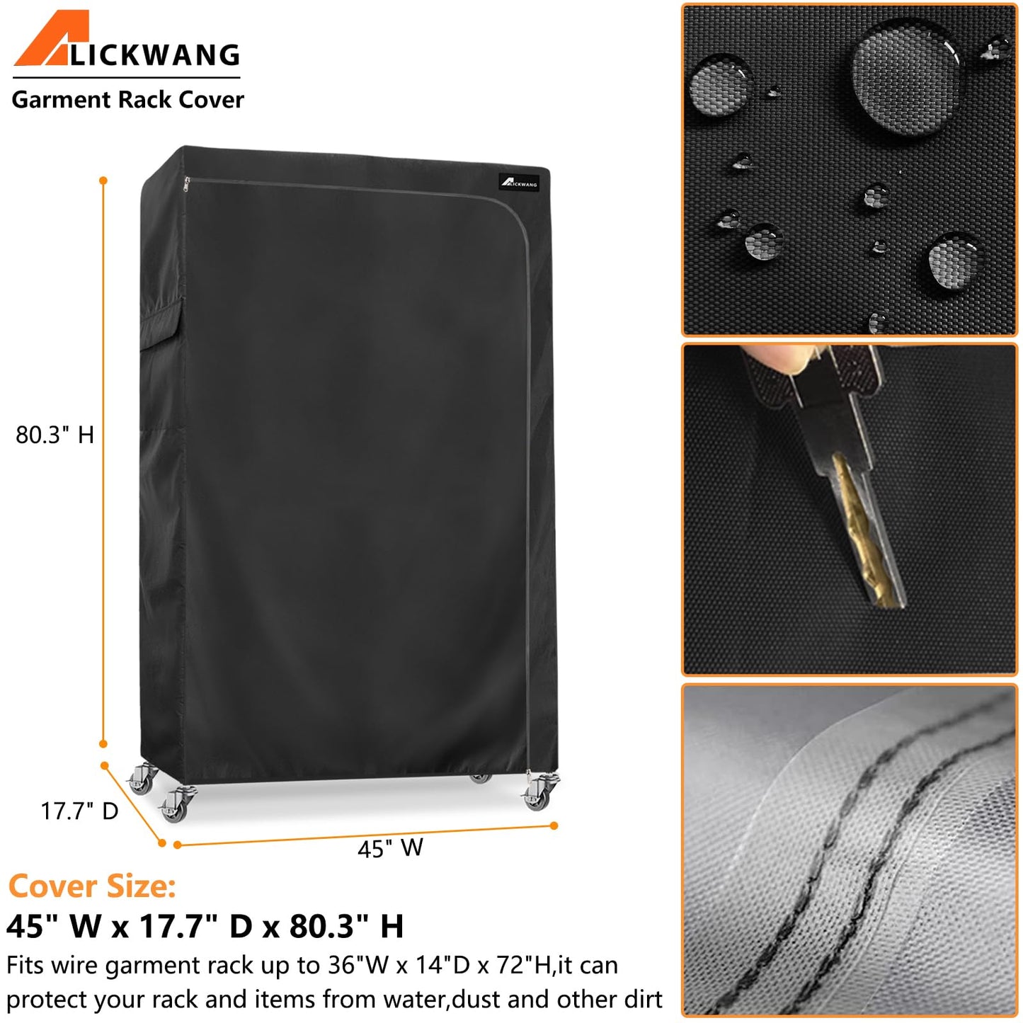 Alickwang Garment Rack Cover,Heavy Duty 600D Dustproof Waterproof Clothing Rack Cover with Zipper - Clothing Rack Covers for 45"W x 17.7"D x 80.3"H Metal Racks (Cover Only)