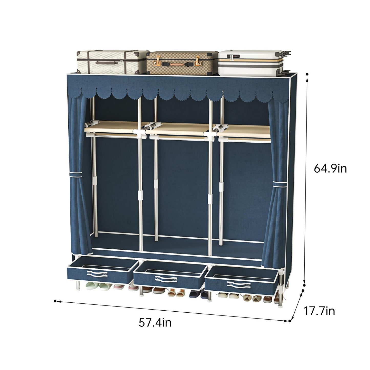 LEAlJlAFY Portable Blue Freestanding Armoire Wardrobe Closet with 3 Drawers,Modern Large Bedroom Metal Clothing Wardrobe Storage Racks for Hanging Clothes,Strong and Sturdy,for Home Small Room