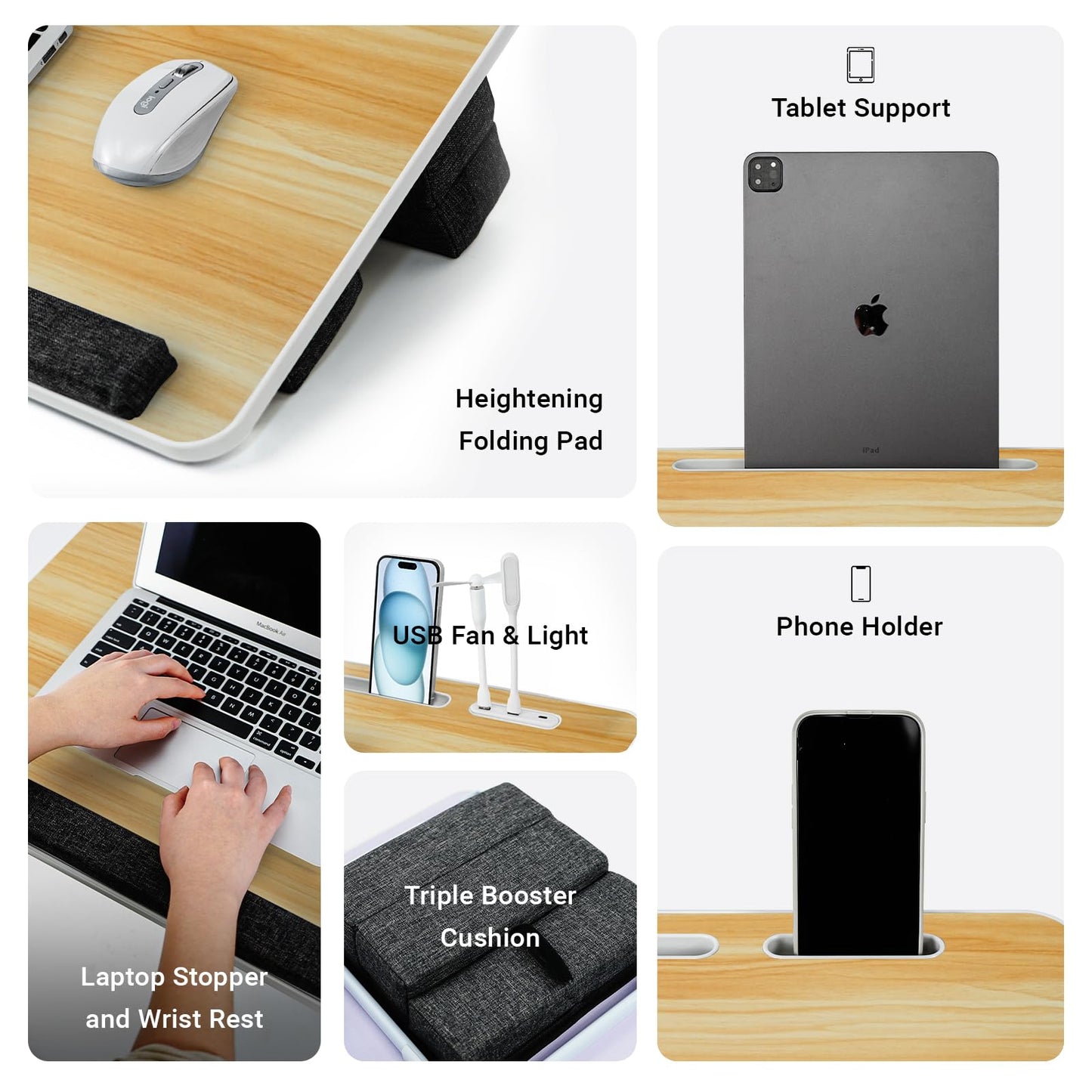 iXTRA Lap Desk for Laptop with Cushion,Folding Laptop Desk for Bed with USB,Bed Desk,Portable Computer Lap Desk,23.62"*15.74",Wood